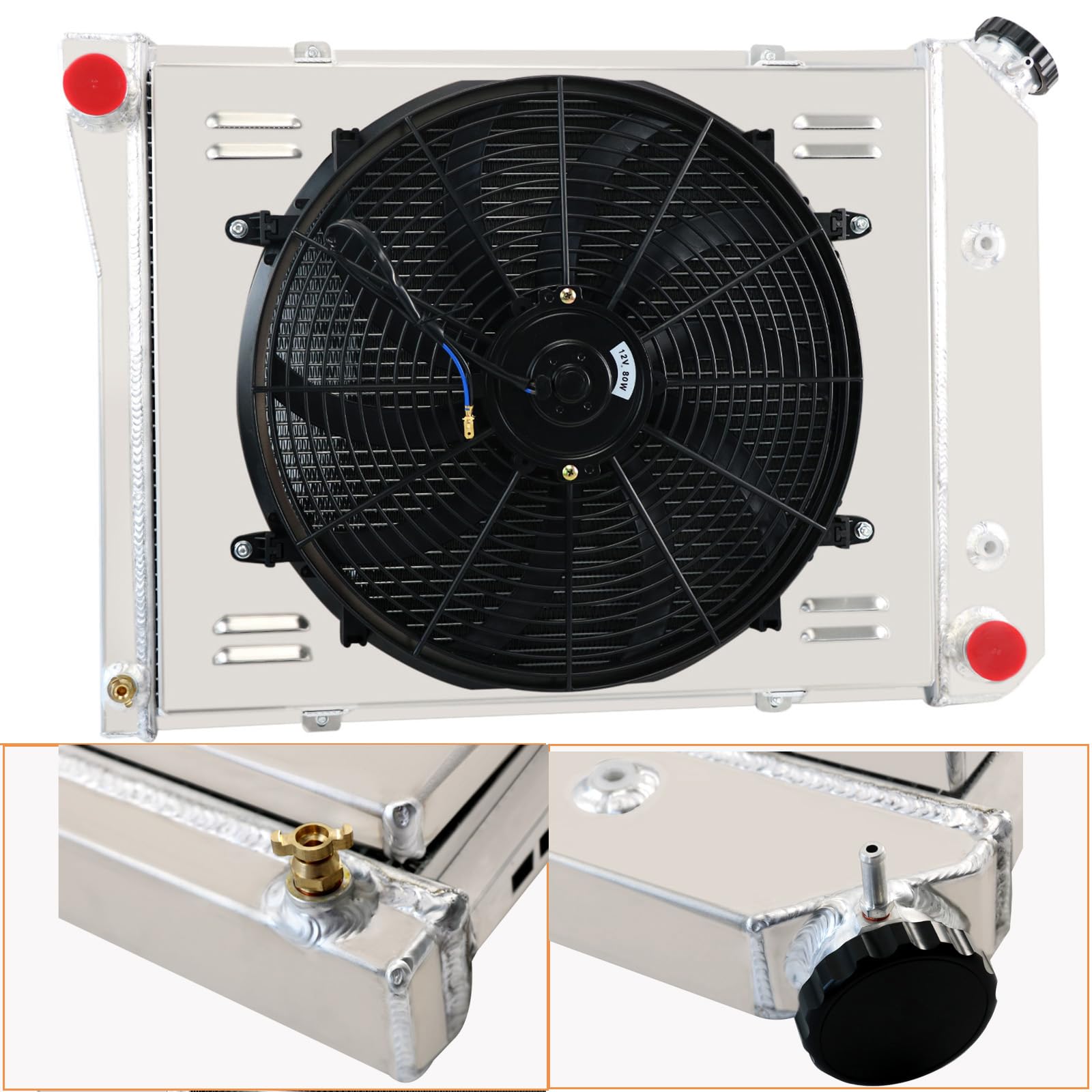 High-Performance 4-Row Aluminum Radiator for 68-88 Chevy Chevelle Impala Caprice Camaro El Camino & 84-87 Buick Skylark LeSabre & 68-87 Pontiac LeMans Ventura - Includes Shroud & Fan Relay - Perfect for Classic Car Restoration & Hot Rod Upgrades