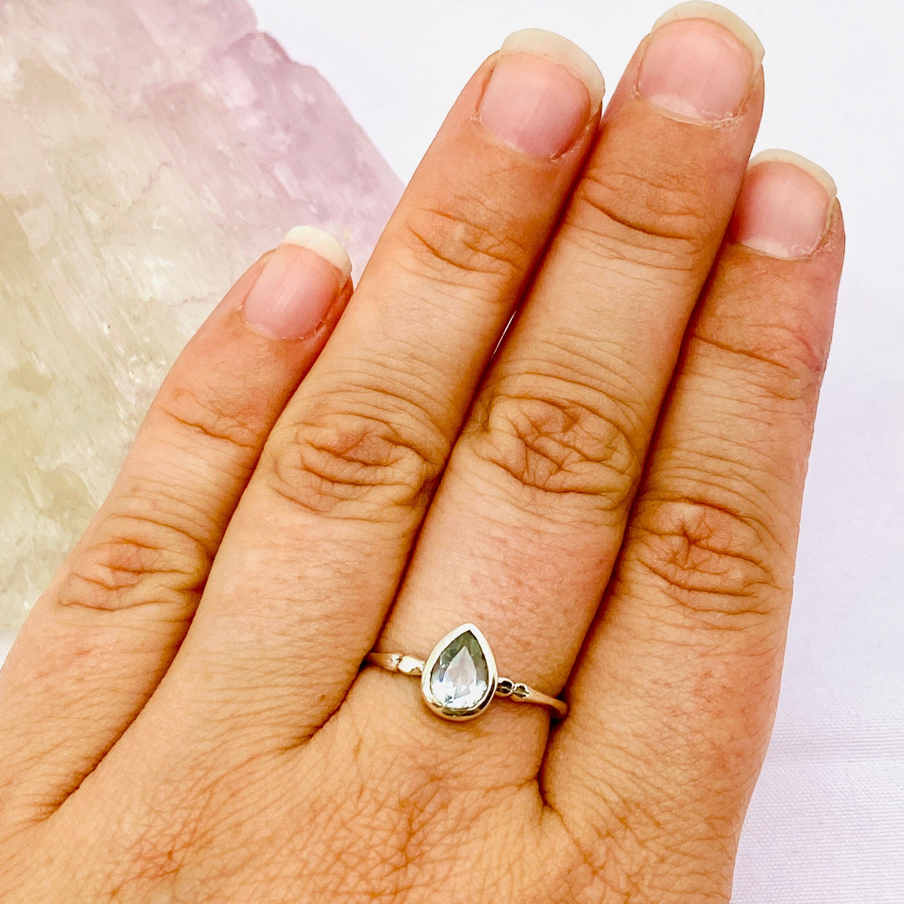 Blue Topaz Faceted Teardrop Fine Band Ring - Sterling Silver 925, Size 5-10, Elegant Dainty Jewelry for Women - Perfect for Weddings, Anniversaries & Special Occasions