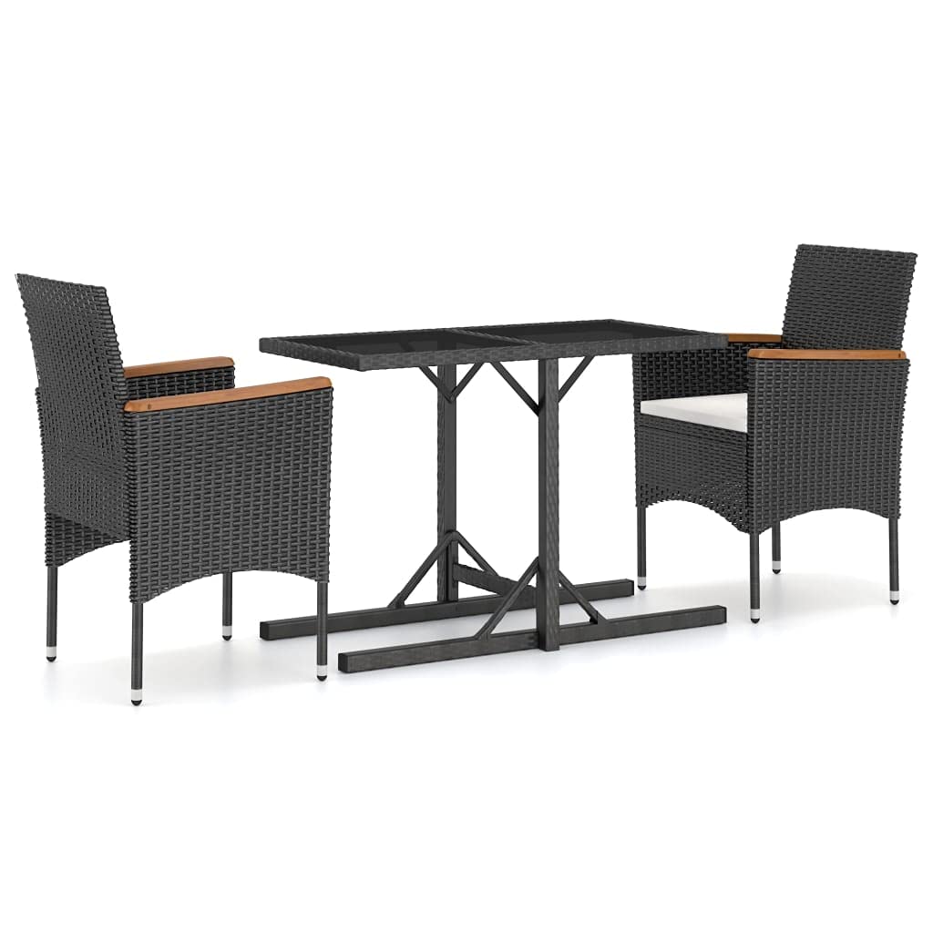 Space-Saving 3-Piece Black Rattan Patio Dining Set with Cushioned Chairs & Glass Table - Fast Shipping | Perfect for Small Gardens, Balconies & Outdoor Entertaining
