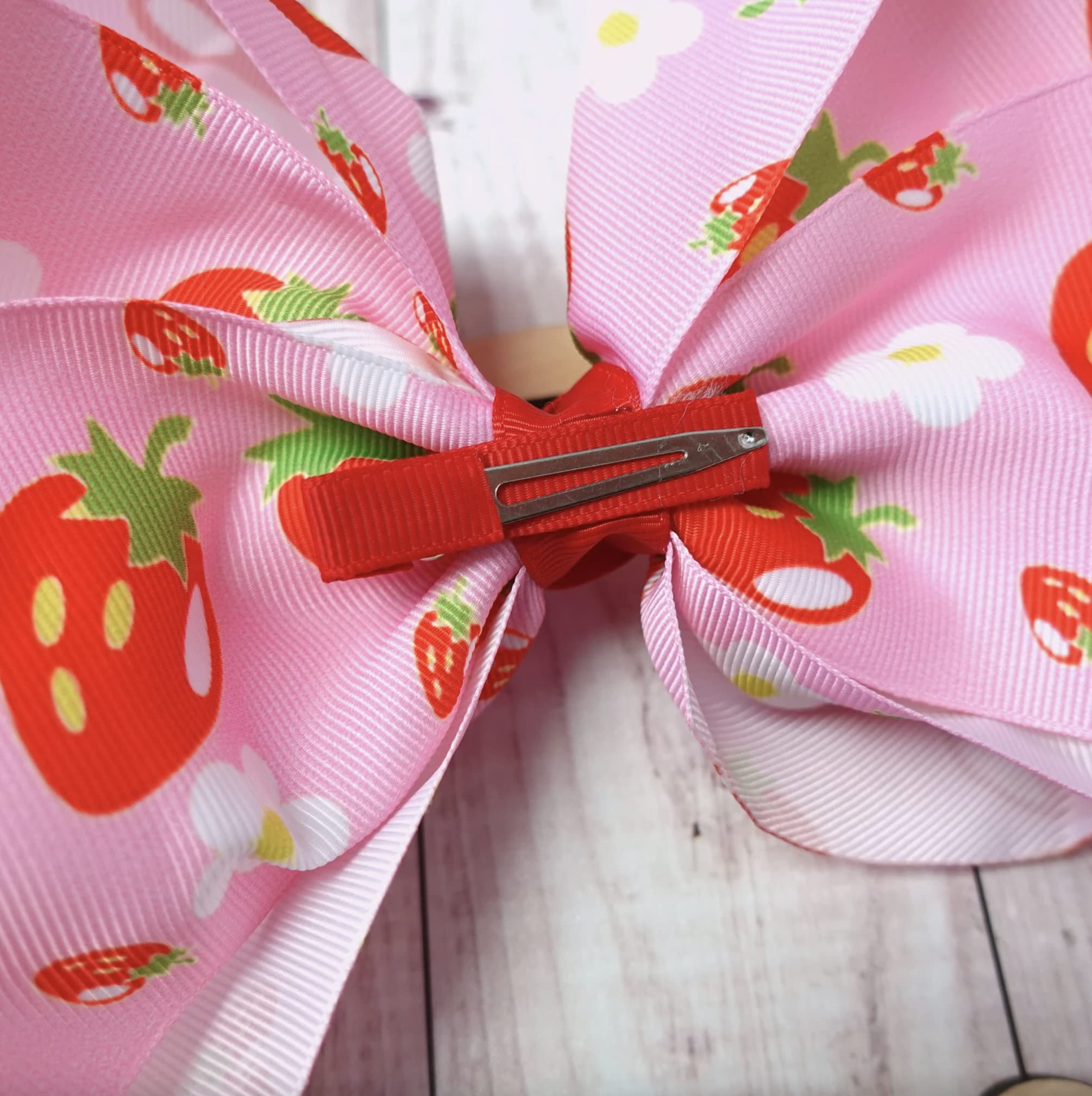 8-Inch Jumbo Handmade Grosgrain Ribbon Hair Bow with Alligator Clip - Pink Strawberry Design for Women & Girls | Perfect for Parties, Weddings, and Everyday Hair Accessories