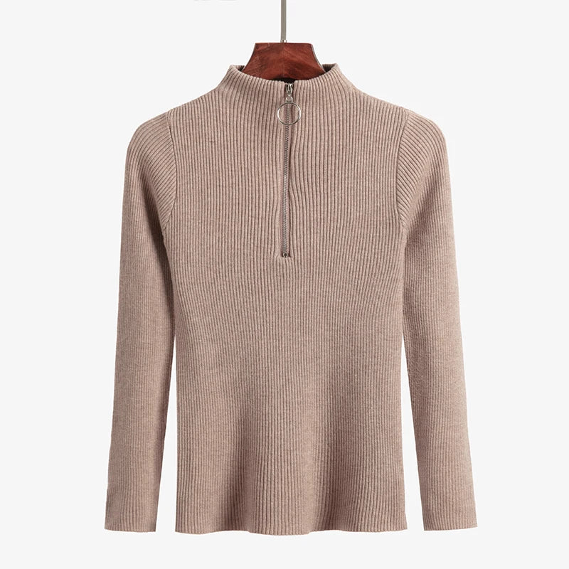 Vintage Solid Knitted Long Sleeve Zip-Up Half Turtleneck Sweater for Women - Cozy Winter Pullover for Casual Outfits & Office Wear