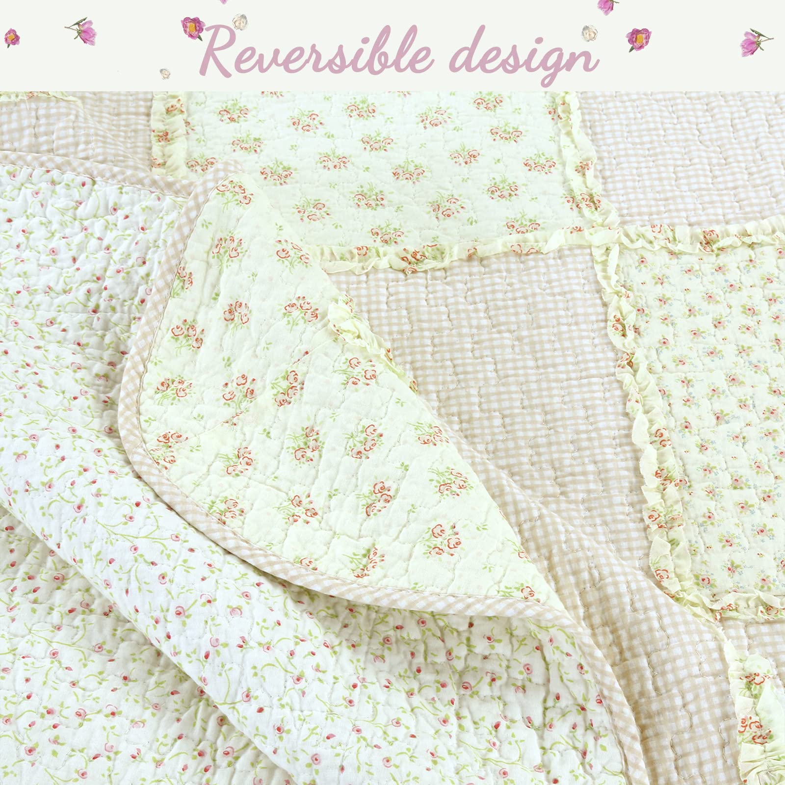 Cozy Line Home Fashions Sweet Light Peachy Pink Floral 3-Piece Patchwork Gingham Ruffle Scalloped Cotton Reversible Queen Quilt Bedding Set - Perfect for Master Bedroom, Guest Room & Cozy Farmhouse Decor