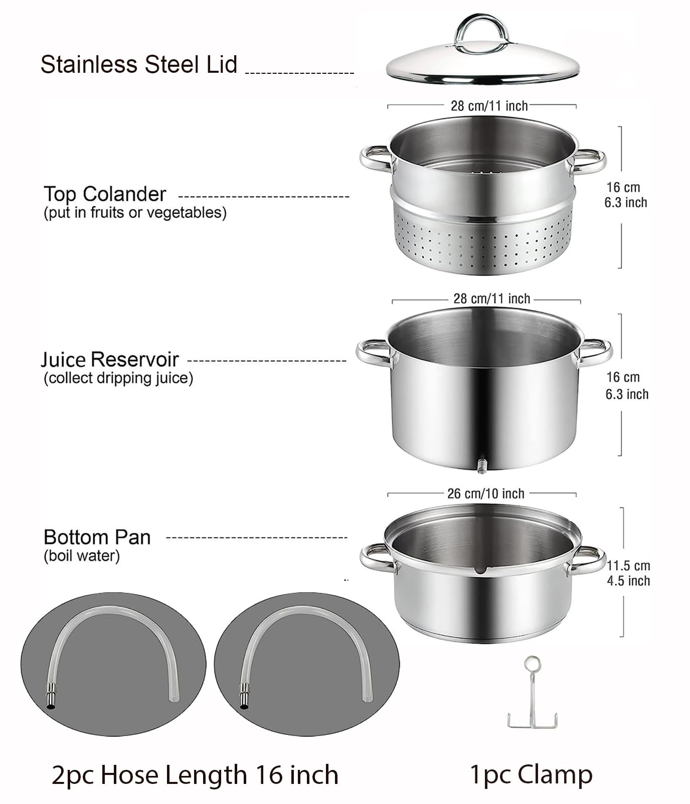 Premium 11-Quart Stainless Steel Juice Steamer Extractor Kit - Cook N Home Basics Canning Set with Water Pan, Juice Pan, Strainer, Lid & Hose Clamp - Mirror Satin Finish for Fresh Fruit Juicing, Home Canning & Healthy Beverage Making