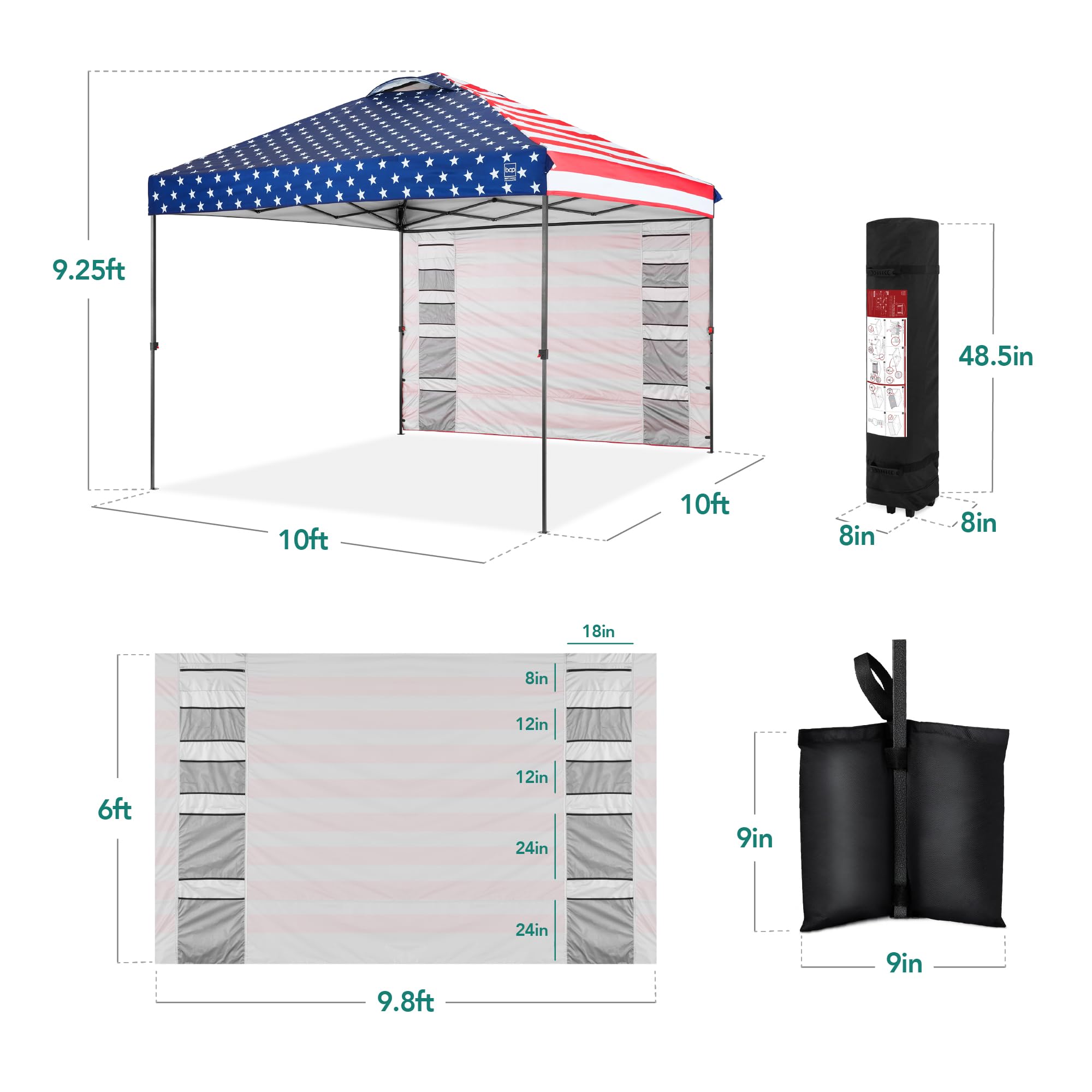 Best Choice Products 10x10ft Pop Up Canopy Tent with Side Walls - Portable Instant Shelter with 10 Pockets, Carry Bag & 4 Weight Bags - 1-Button Quick Setup - Perfect for Outdoor Events, Camping, Beach, Picnics & Tailgating - American Flag Design