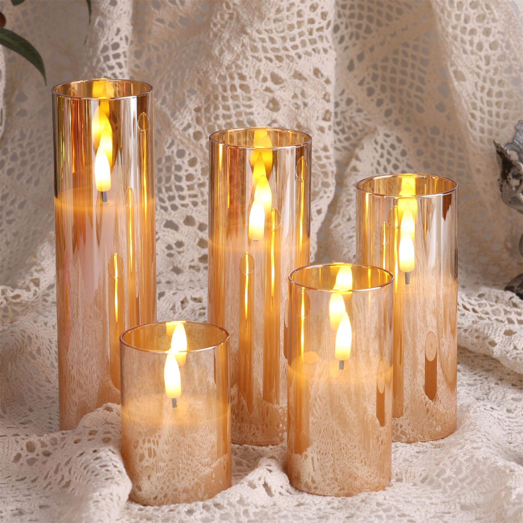 Premium Gold Glass Flameless Candles with Remote Control - Set of 5 Slim Tall Flickering LED Votive Pillar Candles for Christmas, Weddings, Home Decor & Romantic Ambiance
