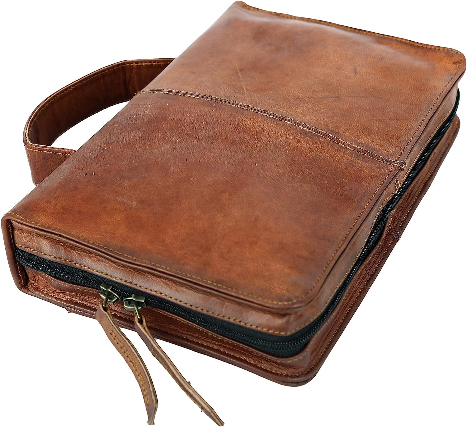 Genuine Leather Bible Cover with Handle & Back Pocket - Large Size for Bible, Planner & Notebook - Perfect for Church, Travel & Daily Use