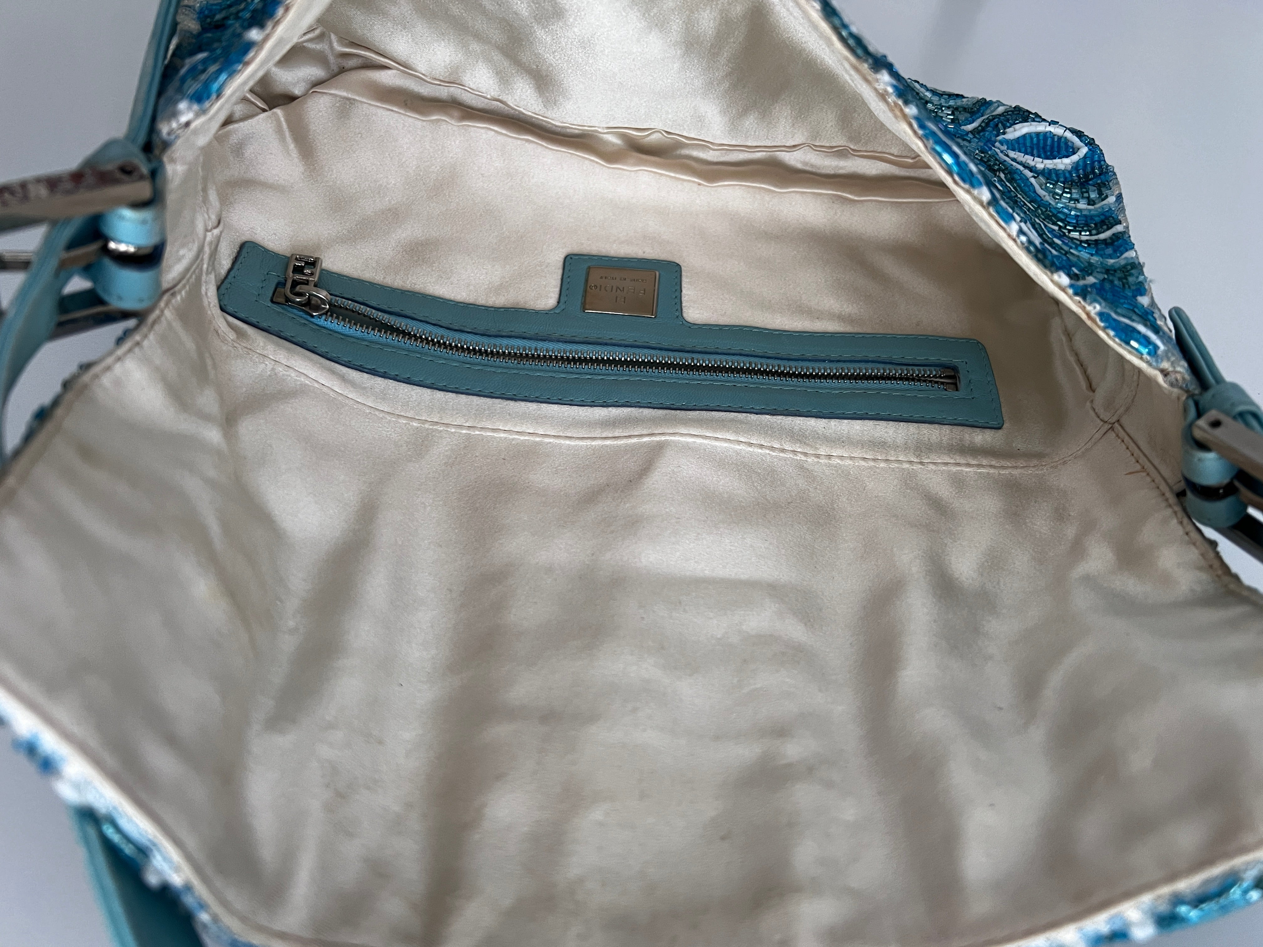 Fendi Light Blue Wave Pattern Beaded Baguette Bag - Luxury Designer Crossbody Purse for Women, Perfect for Parties, Weddings & Evening Events