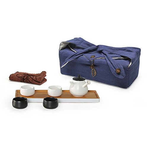 Premium Portable Ceramic Kungfu Tea Set - 1 Pot, 4 Cups, Tray & Towel - Travel-Friendly Blue Storage Bag - Chinese Tea Ceremony Gift for Home & Office Use