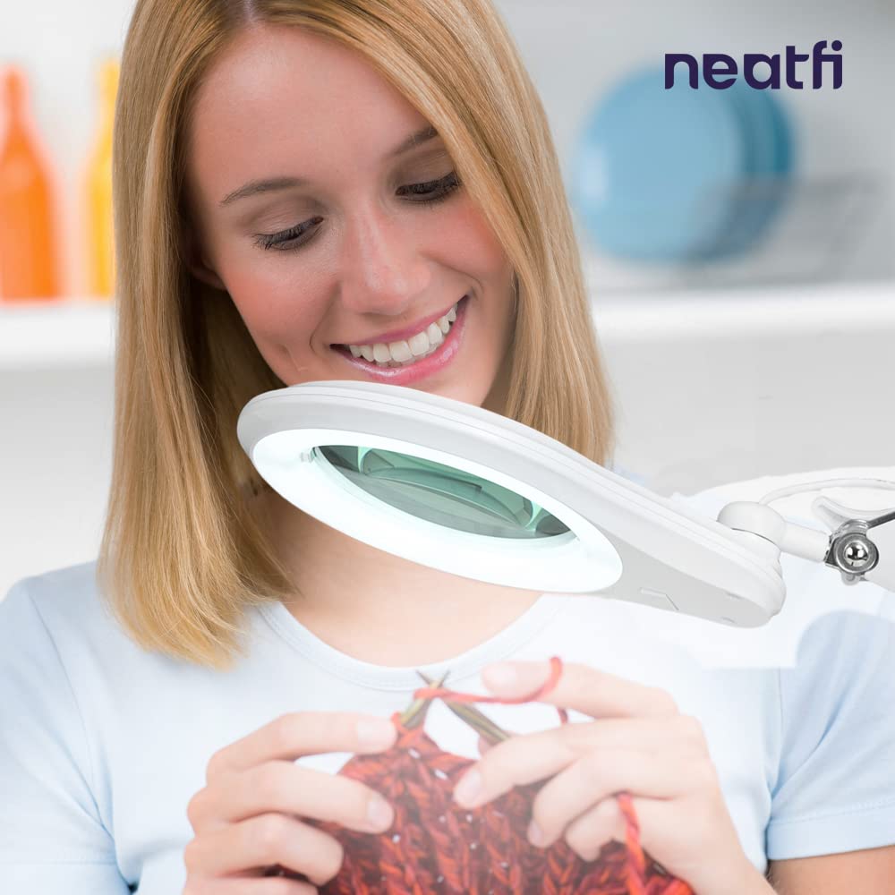 Neatfi (New Model) 1200 Lumens LED Magnifying Lamp with Clamp - 5 Inch Lens, Dimmable, 60 SMD LEDs, Adjustable Arm - 5 Diopter + 20 Diopter Bifocals - Perfect for Reading, Crafts, Jewelry Making & Detailed Work (White)