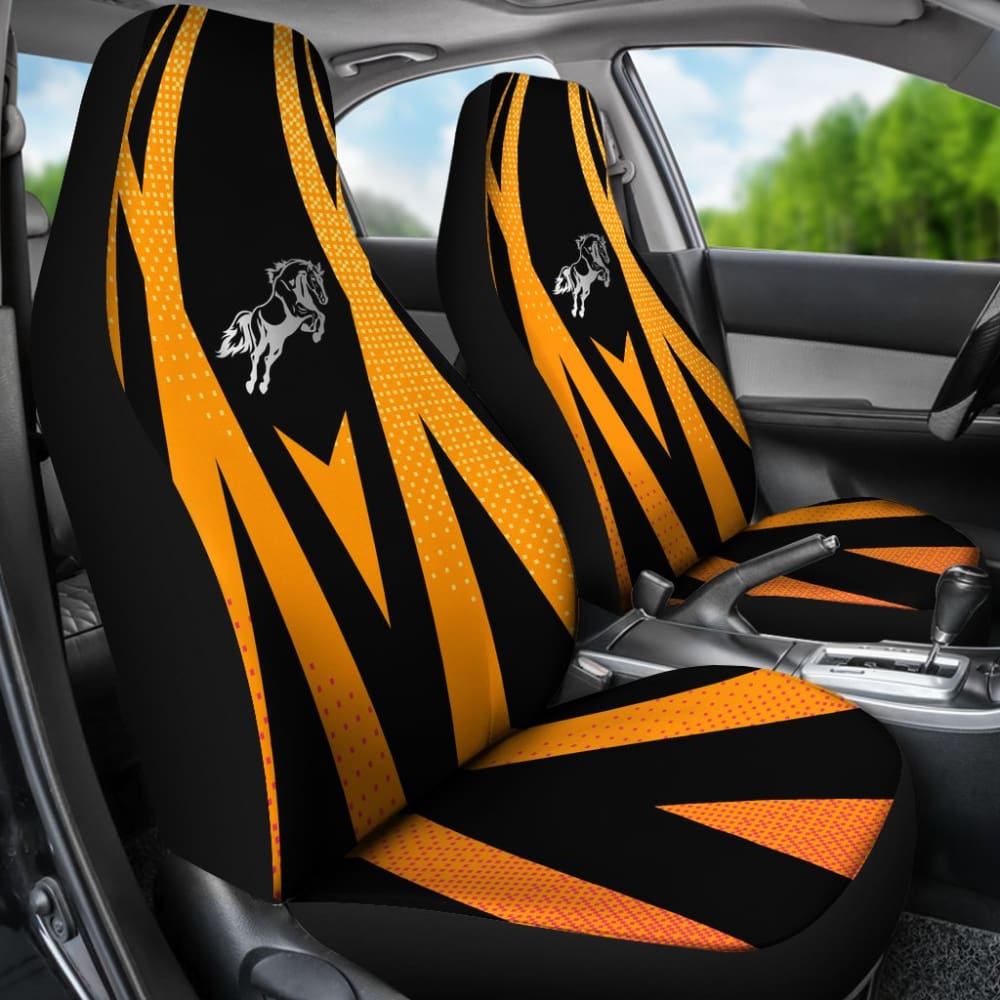 Premium Black & Orange Mustang Horse Custom Metallic Print Car Seat Covers - Durable & Stylish for Ford Mustang (2015-2023 Models) - Perfect for Car Enthusiasts, Gifts & Auto Accessories Upgrades