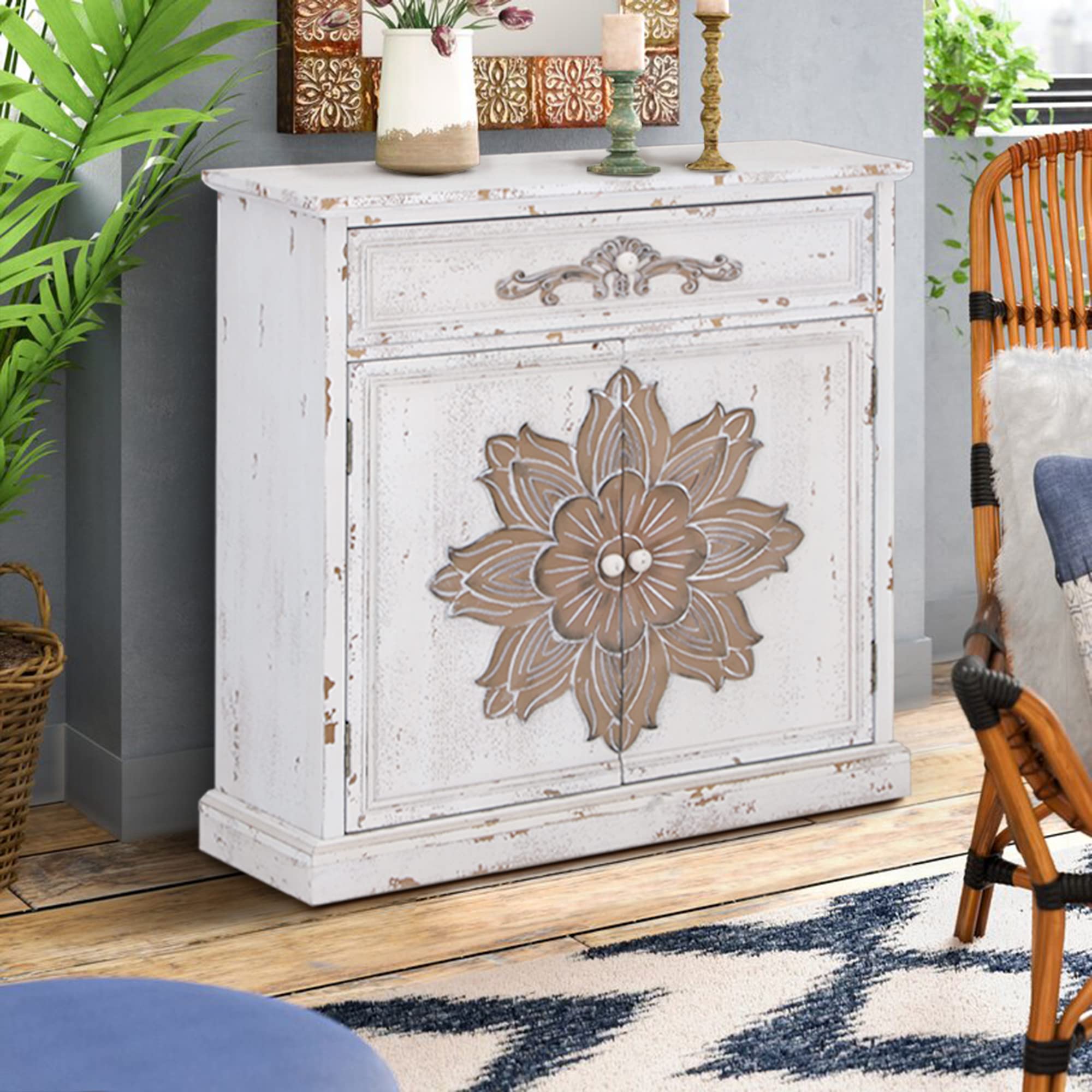 PHI VILLA Farmhouse Style Accent Cabinet with Doors - Rustic Wood Storage Cabinet for Living Room, Hallway & Entryway - Decorative Embossed Pattern Cabinet for Home Organization & Display