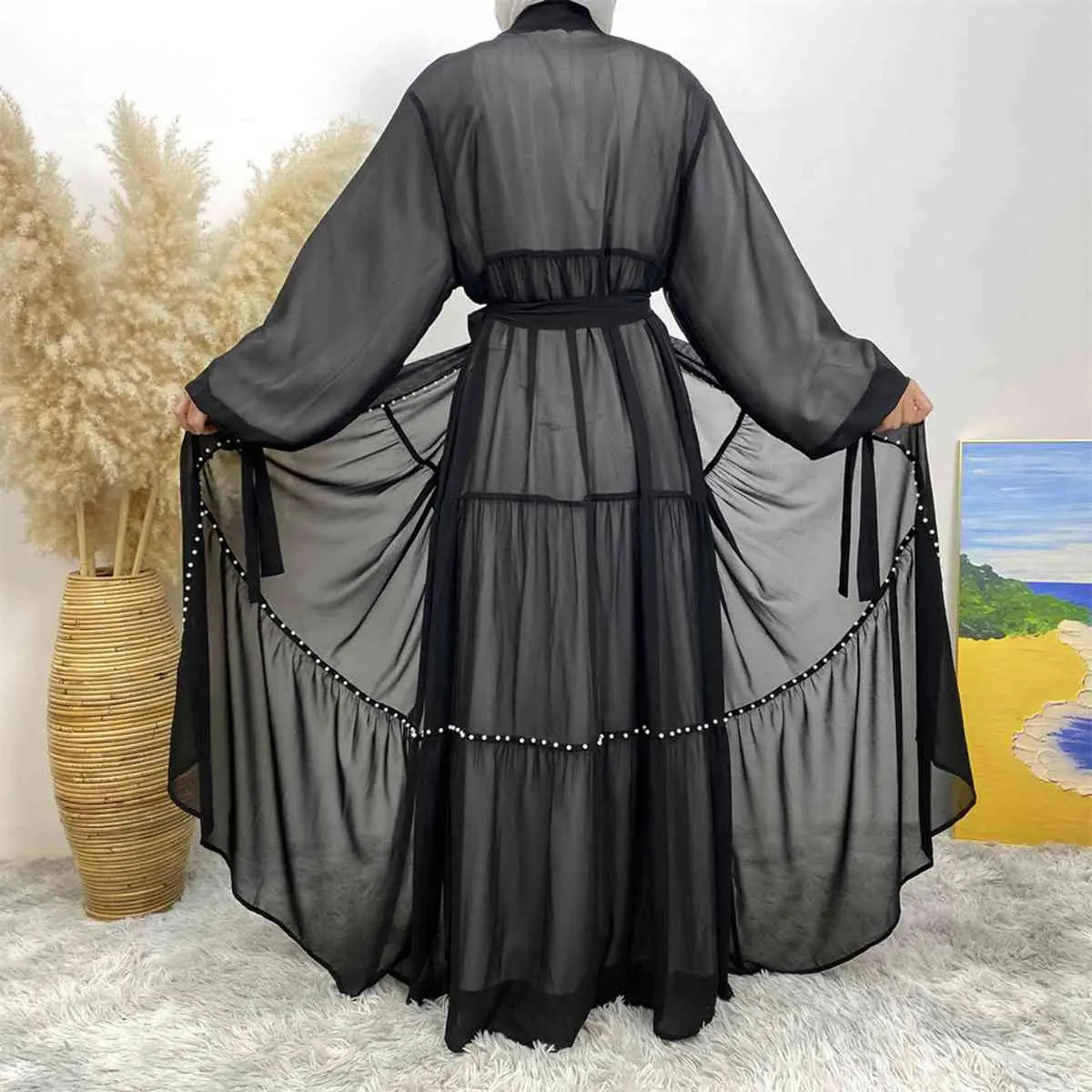 Elegant Muslim Women's Chiffon Beaded Open Abaya Dress - Modest Islamic Prayer Dress for Mosque, Eid & Special Occasions