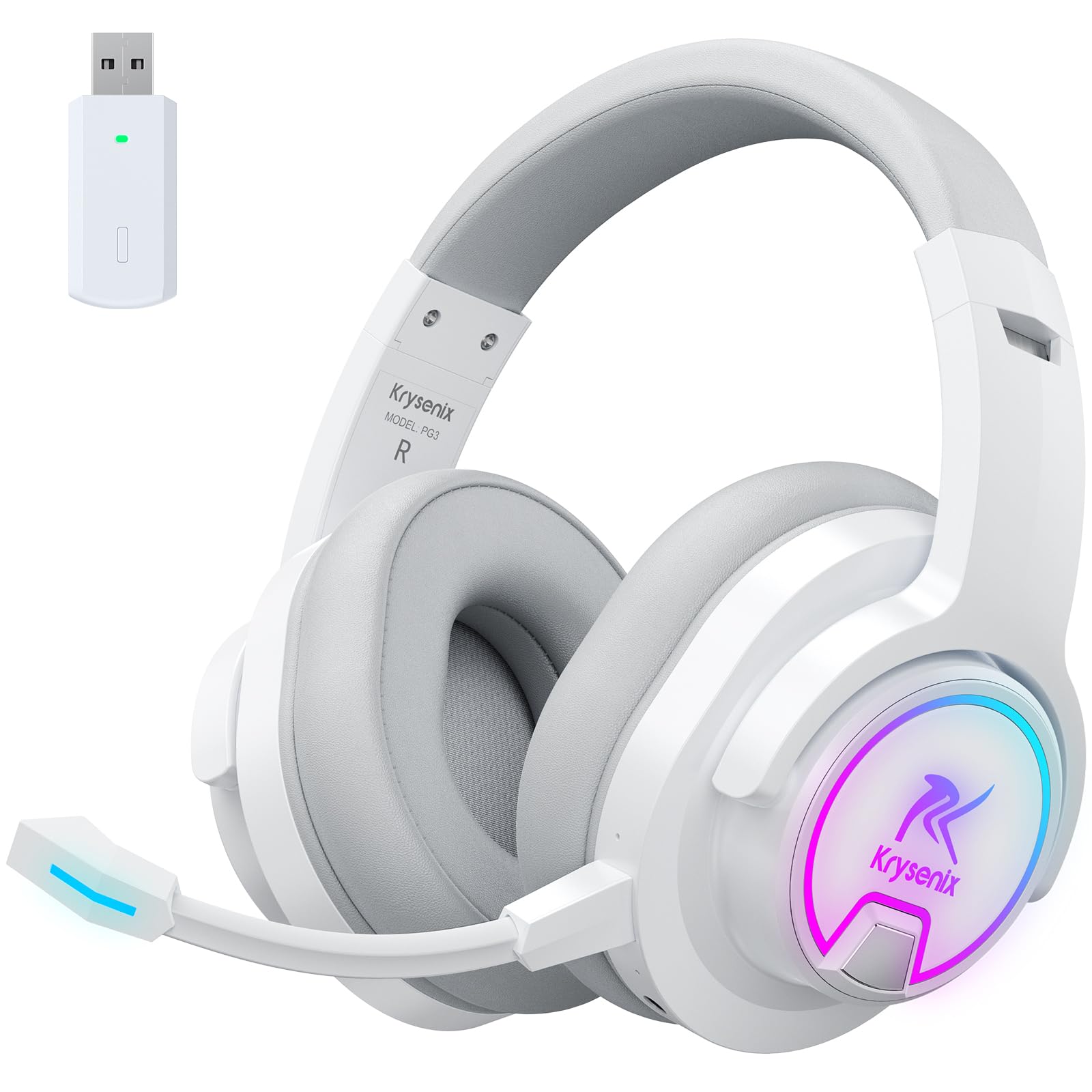 PG3 RGB Wireless Gaming Headset for PS4, PS5, PC & Mac - 2.4GHz 7.1 Surround Sound Bluetooth Headphones with Detachable AI Noise-Canceling Mic, 48H Battery Life for Laptop, Nintendo Switch (White) | Perfect for Competitive Gaming, Streaming & Online Meetings