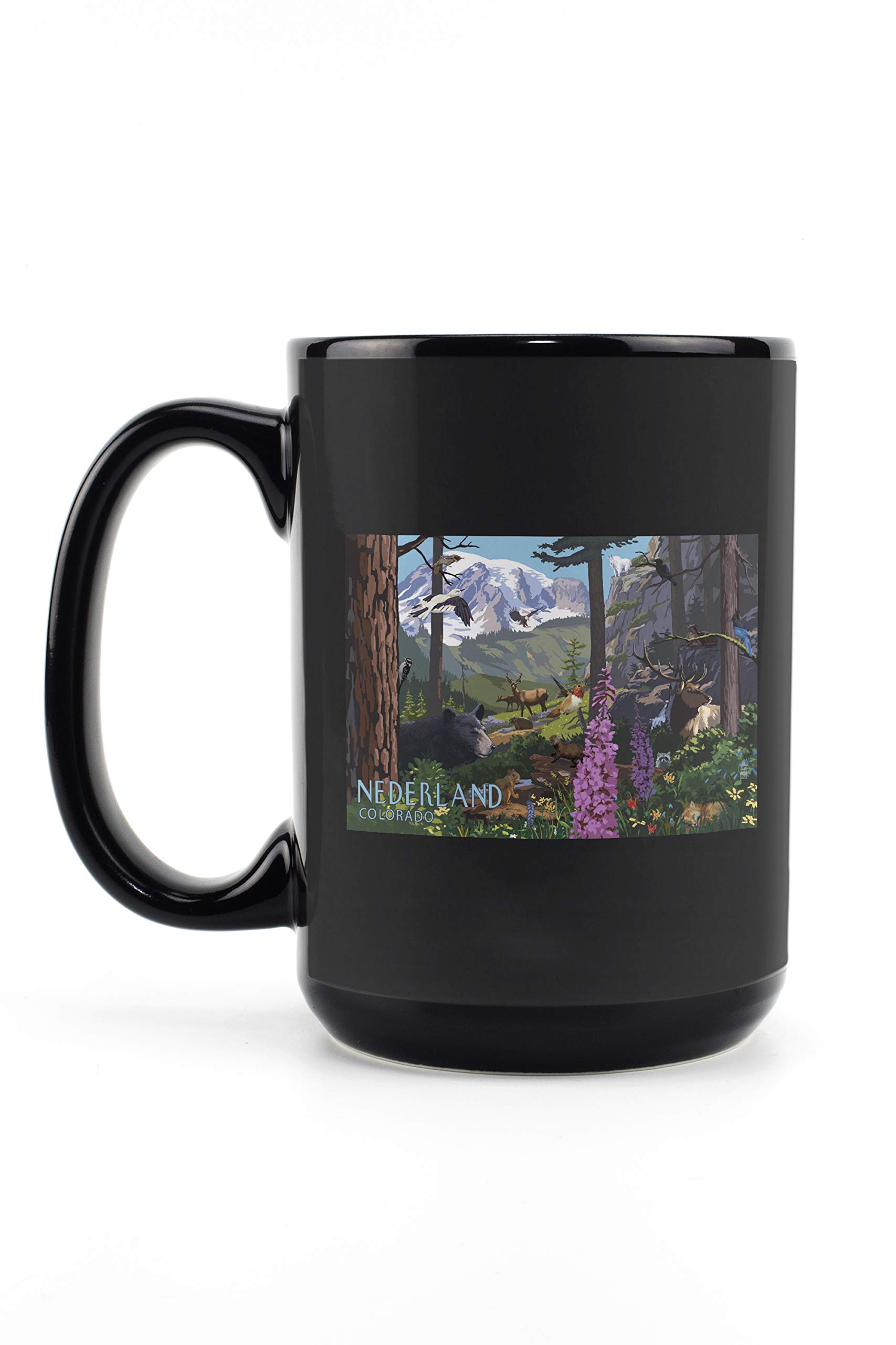 Lantern Press Nederland Colorado Wildlife Utopia 15oz Black Ceramic Coffee Mug - Microwave & Dishwasher Safe - Perfect for Camping, Office & Home Use