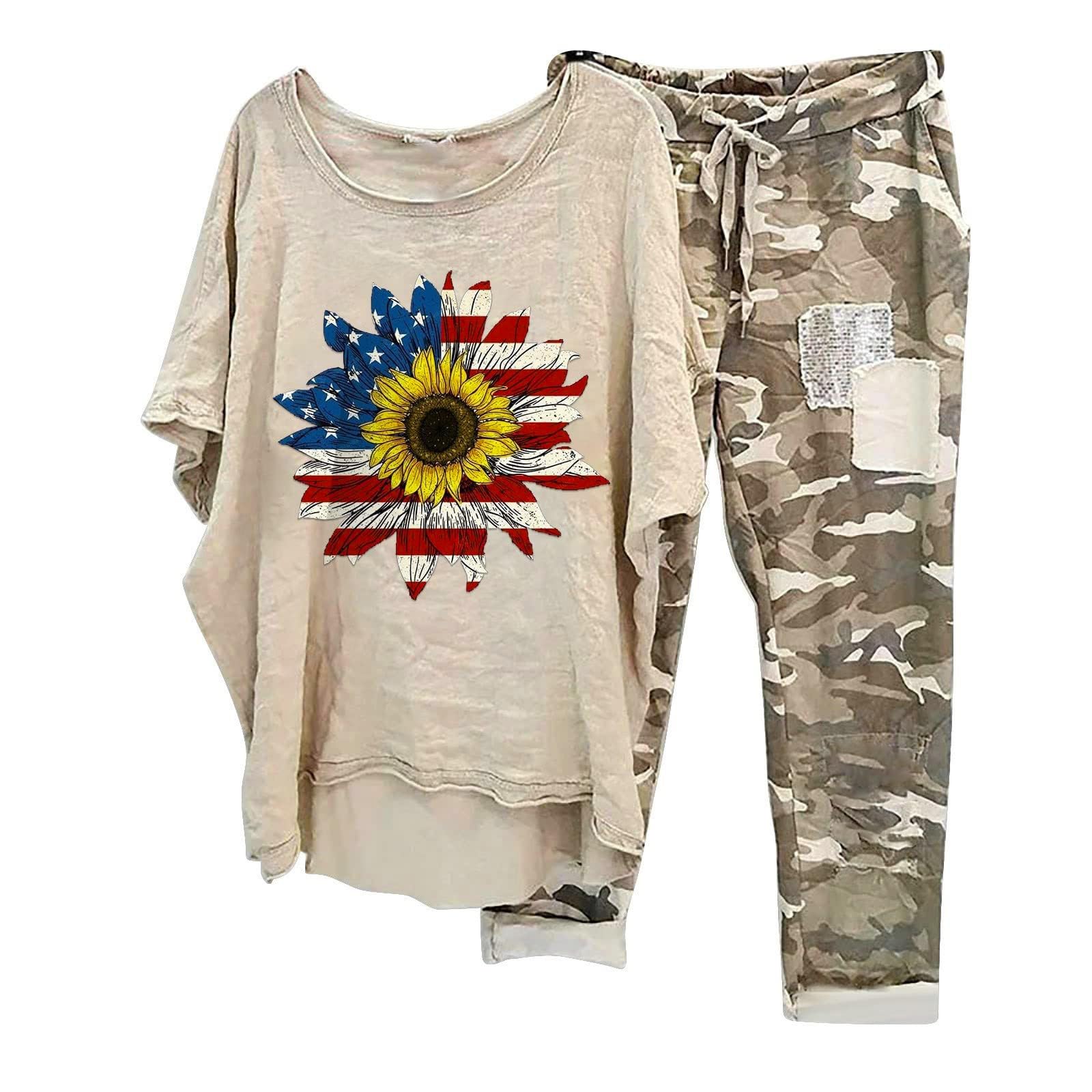 Women's 2-Piece Linen Lounge Set - Oversized Short Sleeve T-Shirt & Camo Capri Pants | Casual Summer Outfit for Home, Travel & Relaxation