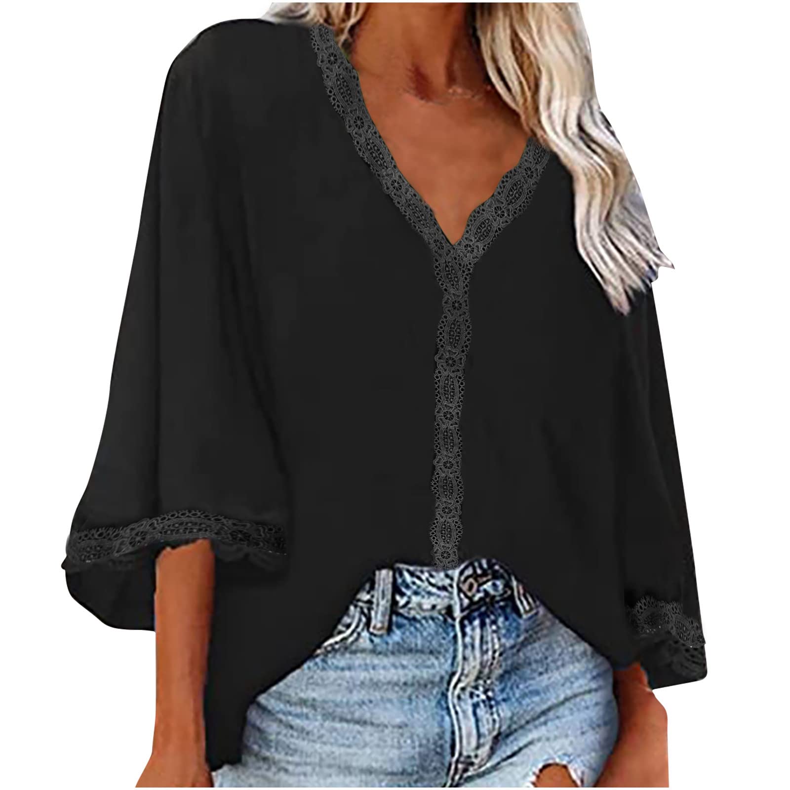 Women's Summer Lace Splicing Blouse - Flared 3/4 Sleeve Casual V-Neck T-Shirt, Solid Color Loose Pullover Top for Office, Dating & Vacation