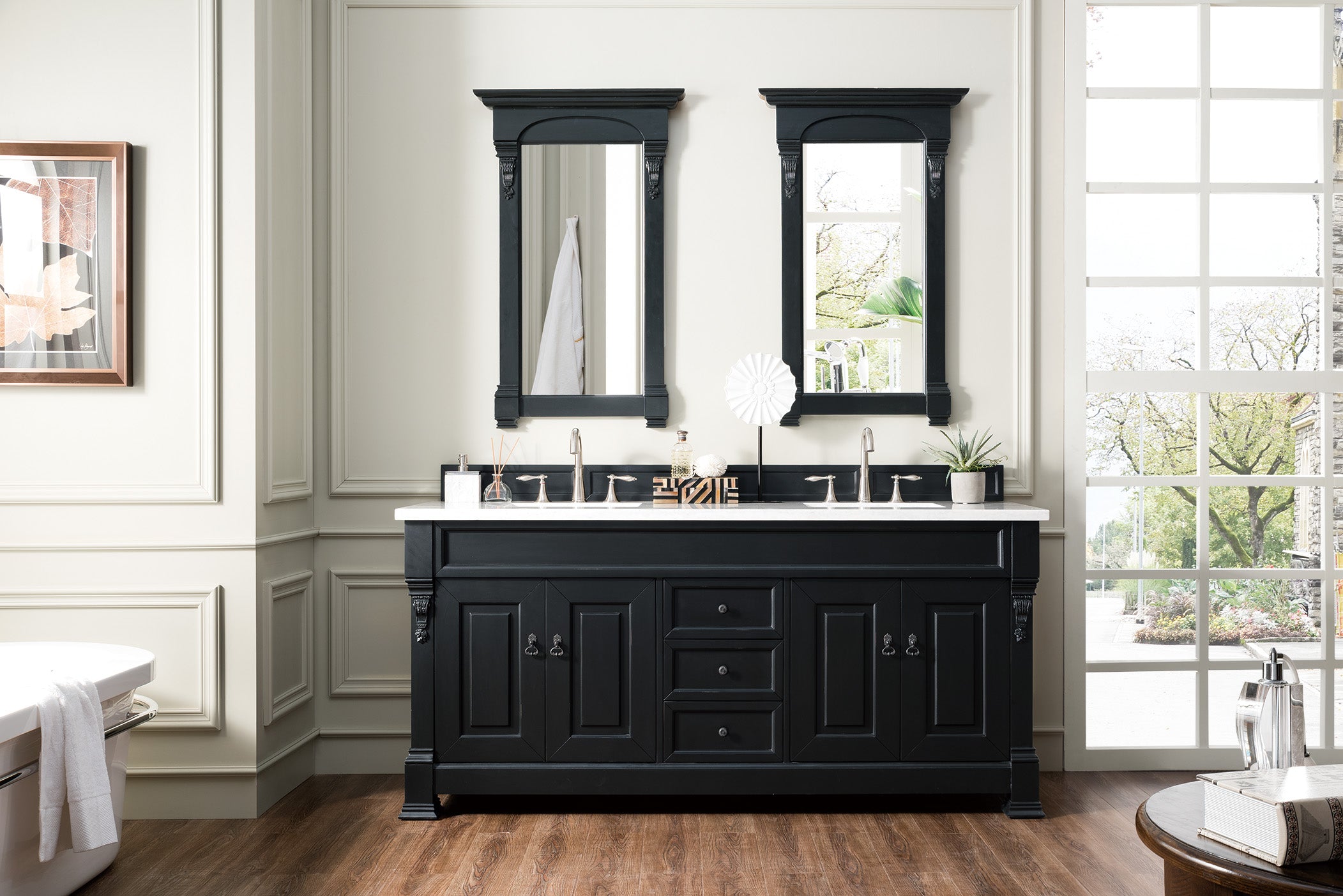 Brookfield 72 Inch Double Bathroom Vanity with Antique Black Finish & 3CM Arctic Fall Solid Surface Top - Perfect for Master Bathrooms and Modern Home Renovations