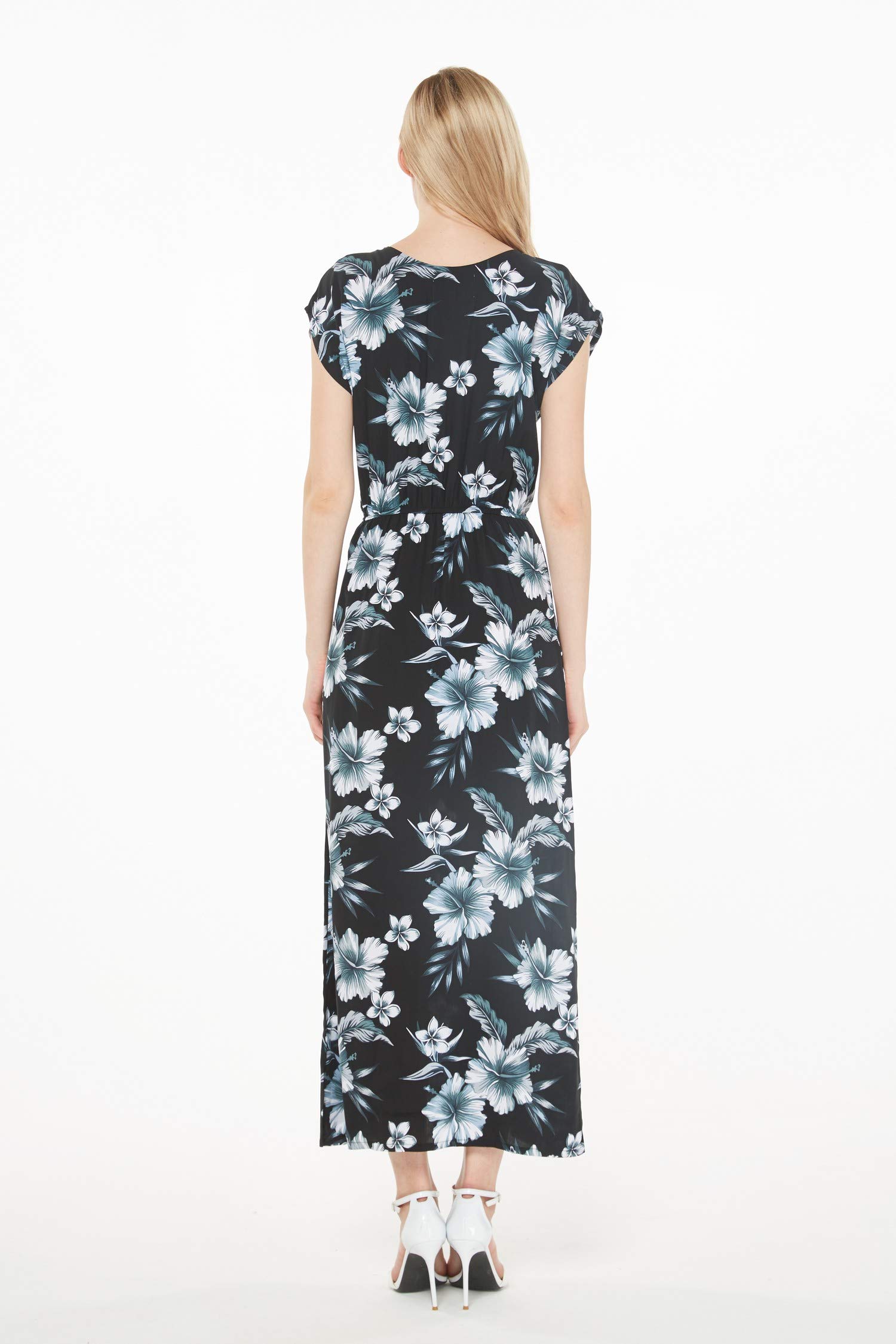 Women's Hawaiian Luau Cap Sleeve Maxi Dress - Floral Print Summer Beach Dress for Vacation, Party & Tropical Getaway