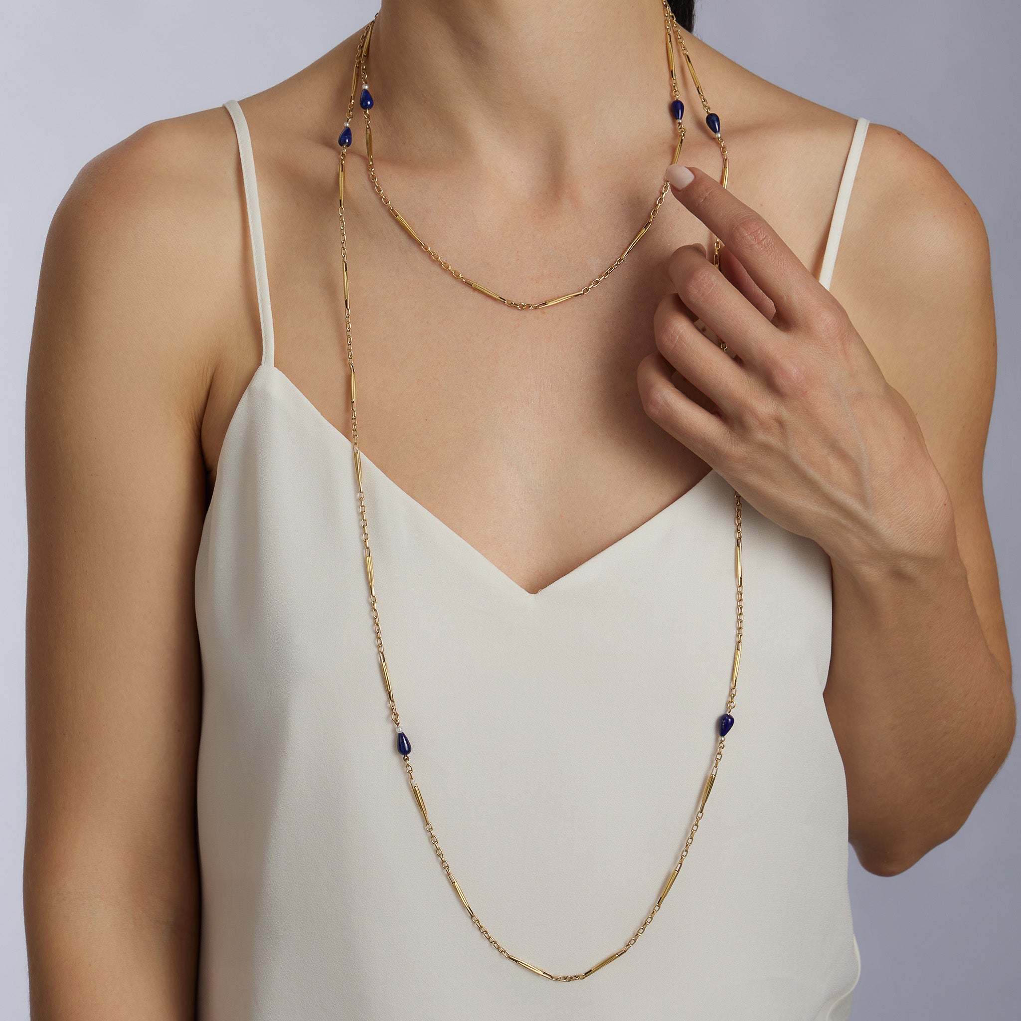 18K Gold Lapis Lazuli Long Chain Necklace for Women - Elegant French Jewelry Gift for Birthday, Anniversary & Special Occasions