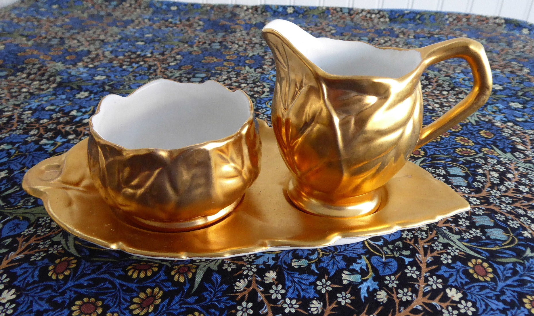 Vintage Royal Winton Gold Luster Cream & Sugar Set with Matching Tray - 1950s Floral Leaves Design - Perfect for Tea Parties, Antique Collectors & Home Decor