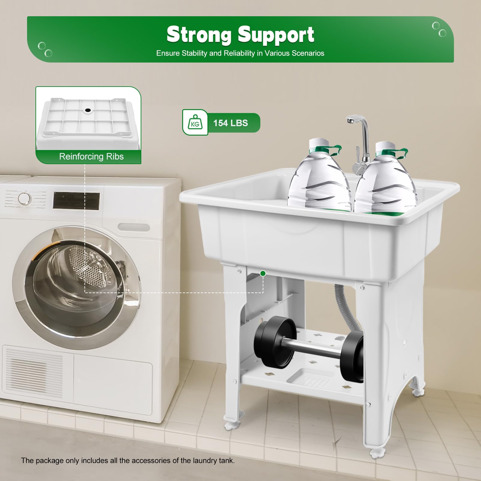 Freestanding Laundry Sink with Faucet & Storage - White Plastic Wash Basin for Indoor/Outdoor Use in Laundry Rooms & Garages