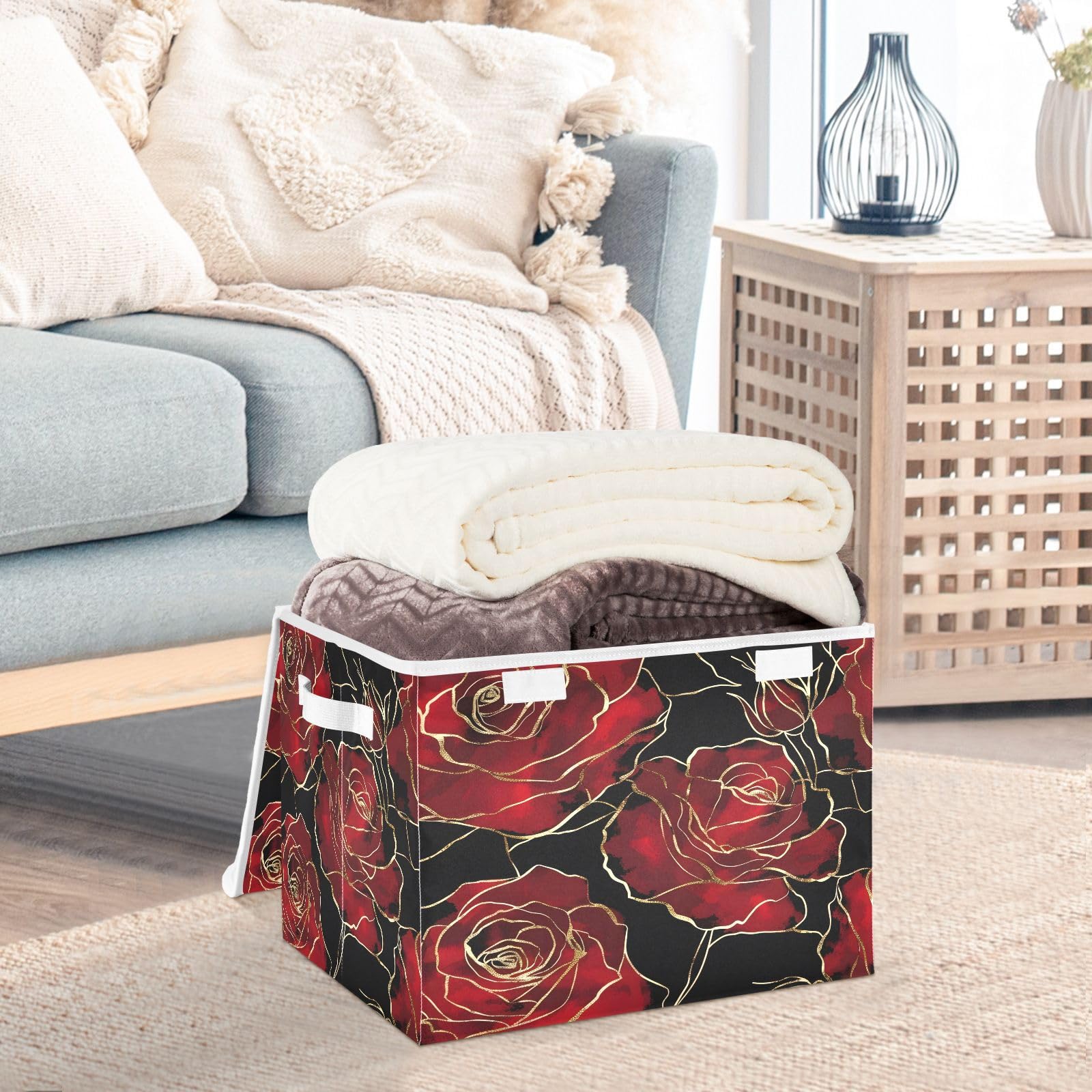 Golden Red Rose Fabric Foldable Storage Bins with Lids - Collapsible Organizer Baskets for Home, Bedroom, Closet & Office - Perfect for Clothes, Toys, Blankets & Home Organization