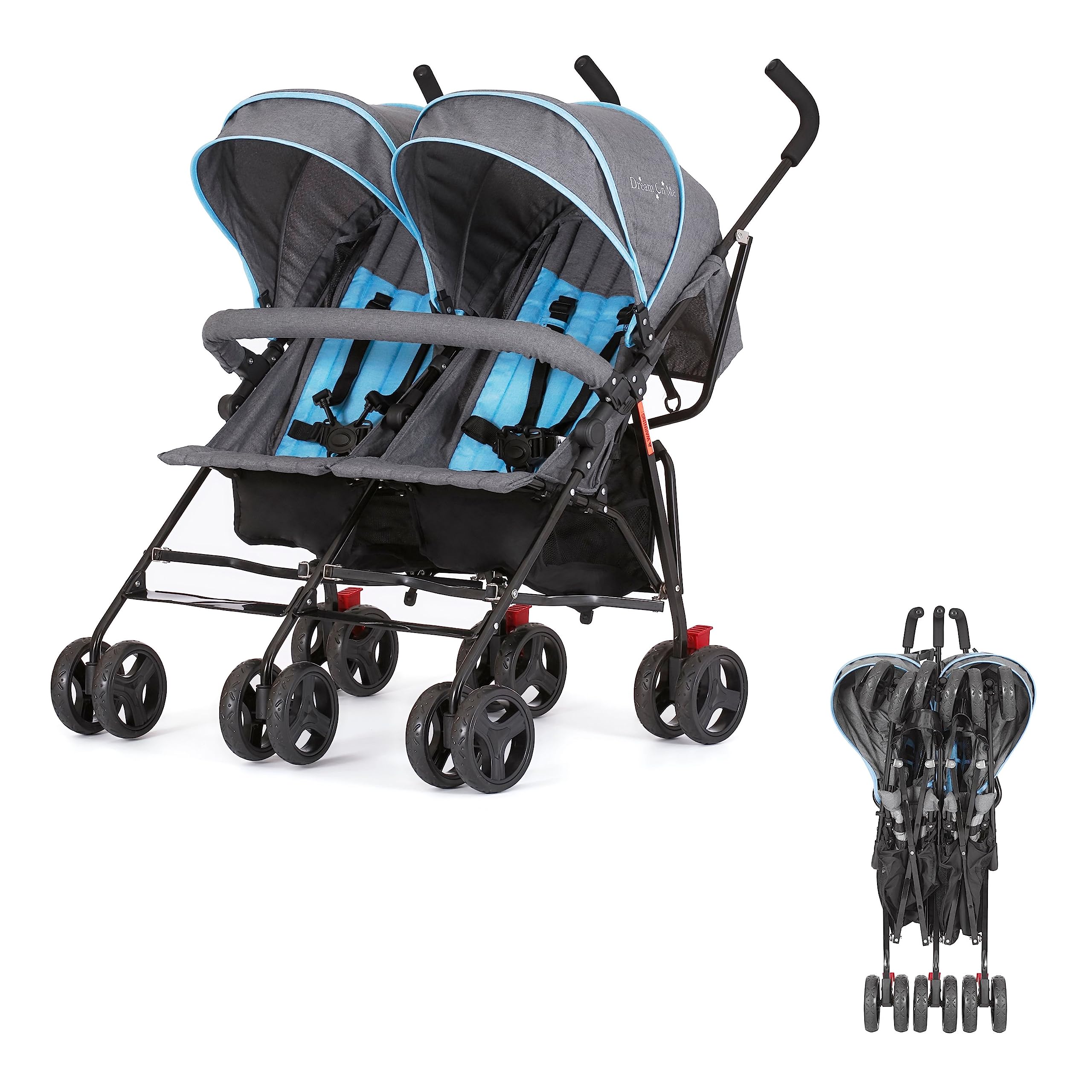 Dream On Me Volgo Twin Umbrella Stroller - Lightweight Double Stroller for Infant & Toddler (Blue) | Compact Fold, Large Storage Basket & Adjustable Canopy | Perfect for Travel, Shopping & Outdoor Walks