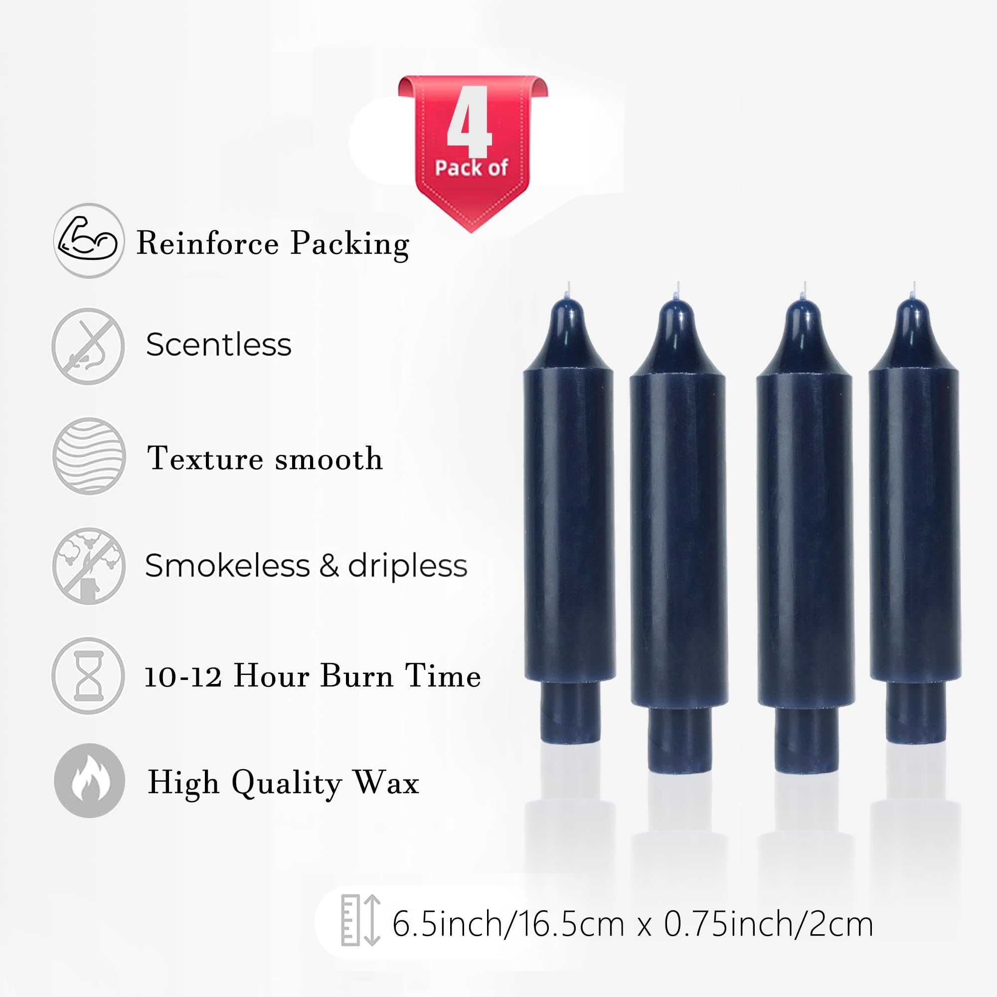 Navy Blue Taper Candles 6.5 Inch - Dripless Dinner Candles for Wedding Decor, Party Centerpieces & Romantic Home Dining (Set of 4) - Perfect for Tablescapes, Holiday Decor & Candlelight Dinners