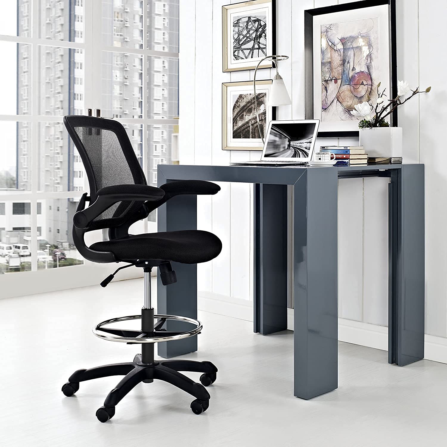 Veer Black Drafting Chair with Flip-Up Arms - Adjustable Office Chair for Reception Desk, Drafting Table & Home Office - Ergonomic High Stool for Comfortable Working & Studying