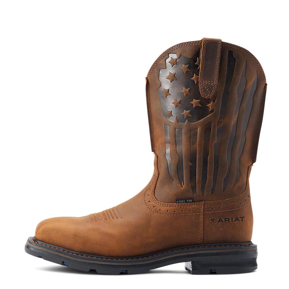 Sierra Shock Shield Patriot Steel Toe Work Boots for Men - Distressed Brown Leather Safety Shoes - Ideal for Construction, Warehouse & Outdoor Work