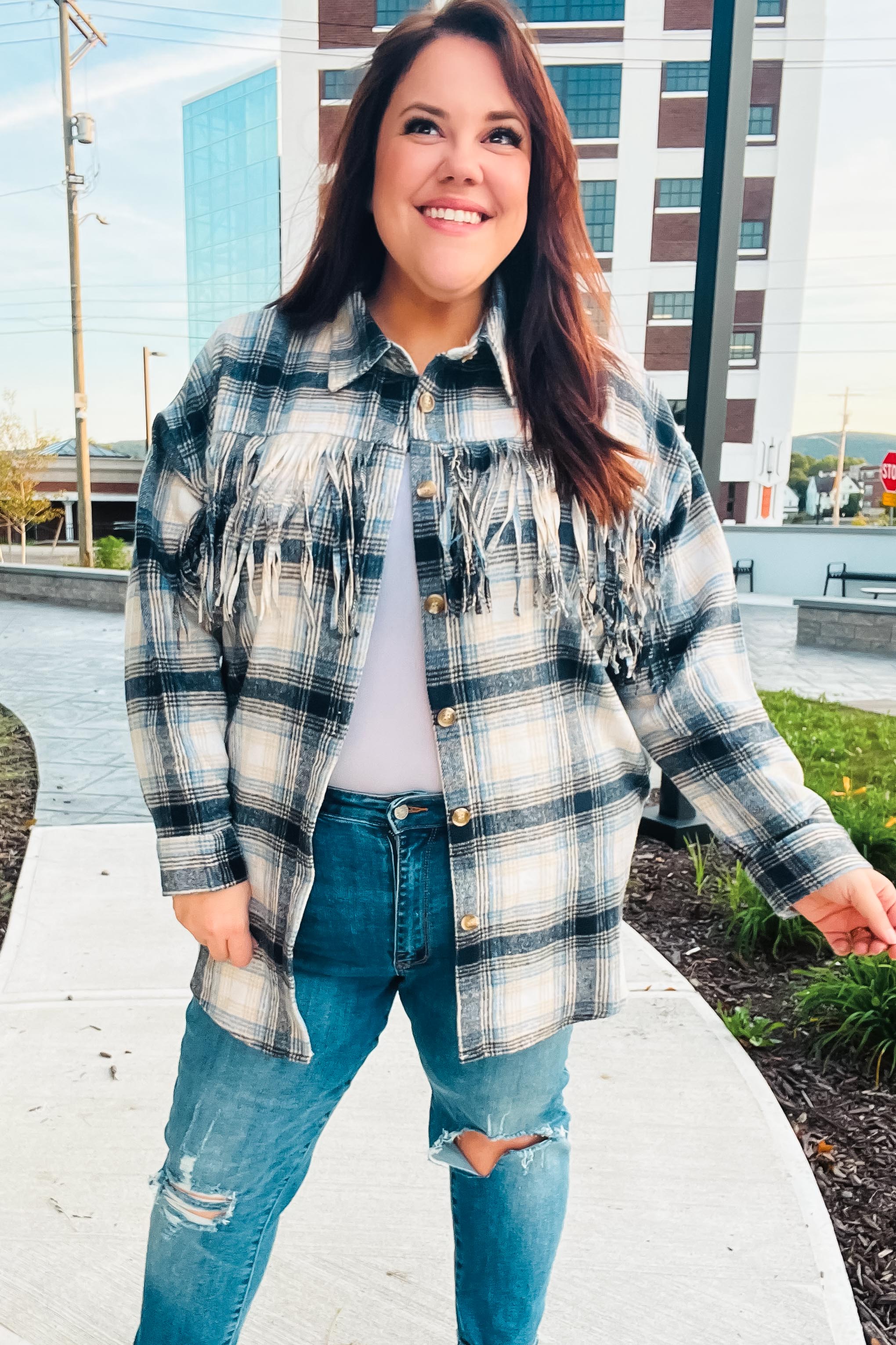 Boldly You Navy Plaid Fringe Button Down Shacket - Stylish Overshirt for Women | Fall & Winter Layering Essential | Perfect for Casual Outings, Workwear & Outdoor Adventures