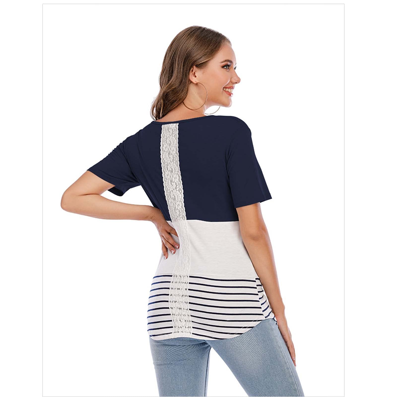 LIUguoo Women's Maternity Shirts - Short Sleeve Nursing Tops with Stripe Patchwork Design, Breathable Summer Breastfeeding Blouses & Flowy Tunic Tops for Pregnancy, Nursing, and Casual Outings