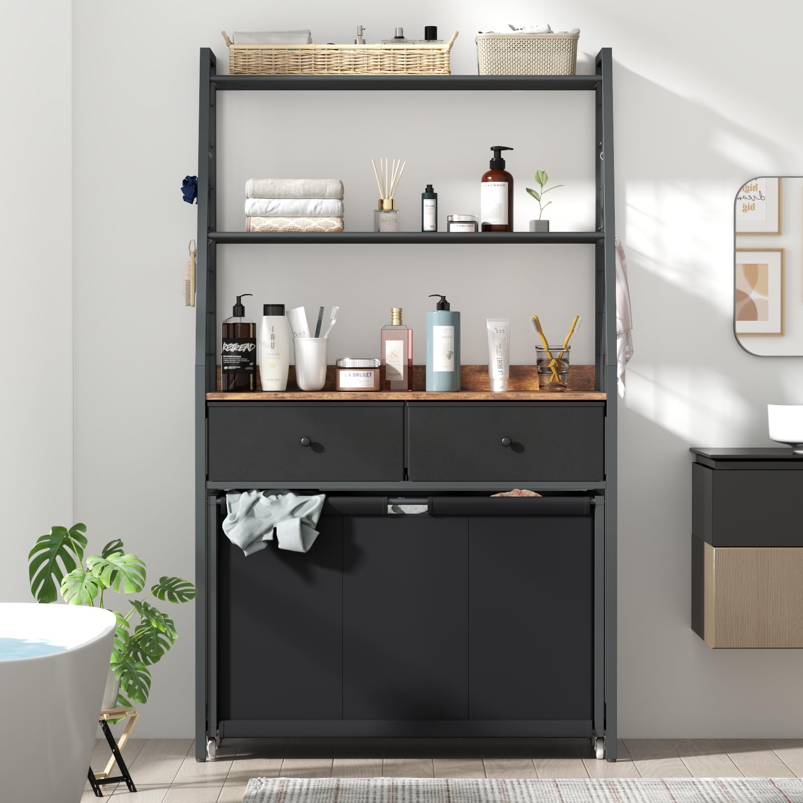 3-Section Rolling Laundry Hamper with 2-Tier Storage Shelf & 2 Drawers - Foldable Clothes Sorter Organizer for Bedroom, Bathroom & Laundry Room - Perfect for Home Organization & Space Saving