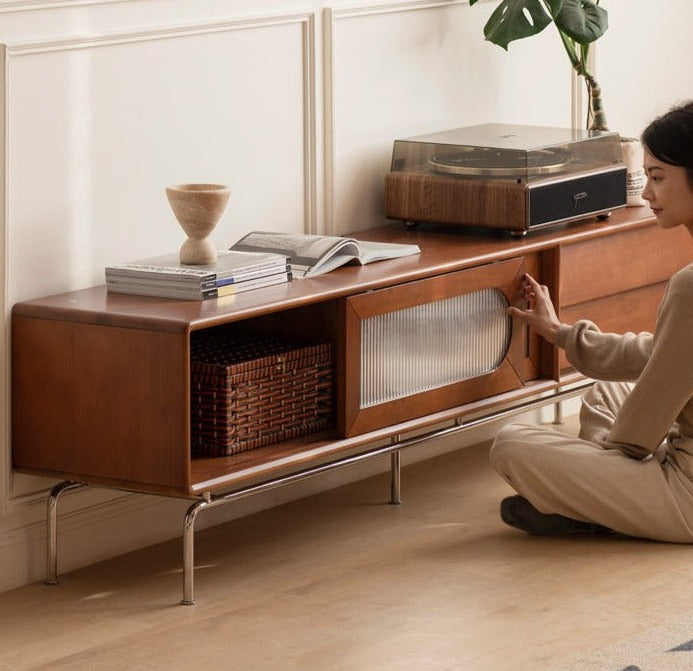 Solid Oak & Poplar Wood French Style TV Stand with Sliding Doors - Perfect for Living Room, Bedroom & Home Theater Storage