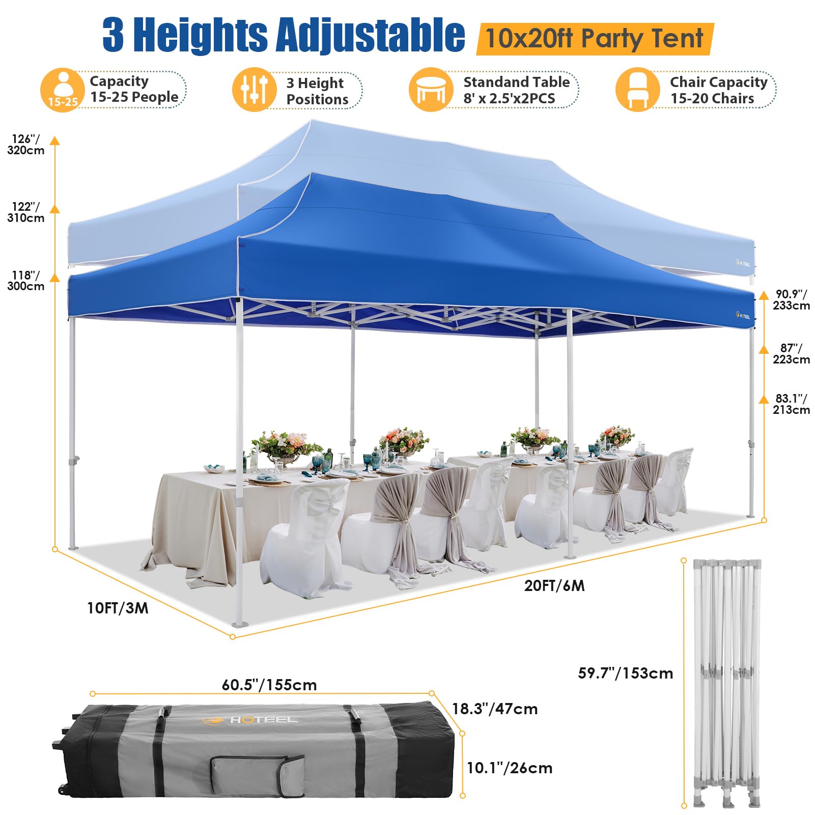 HOTEEL 10x20 Pop Up Canopy Tent - Heavy Duty Commercial Instant Gazebo with 6 Sidewalls, Roller Bag & Sand Bags - Easy Setup Hexagonal Frame for Outdoor Weddings, Parties, Events & Farmers Markets (Blue)