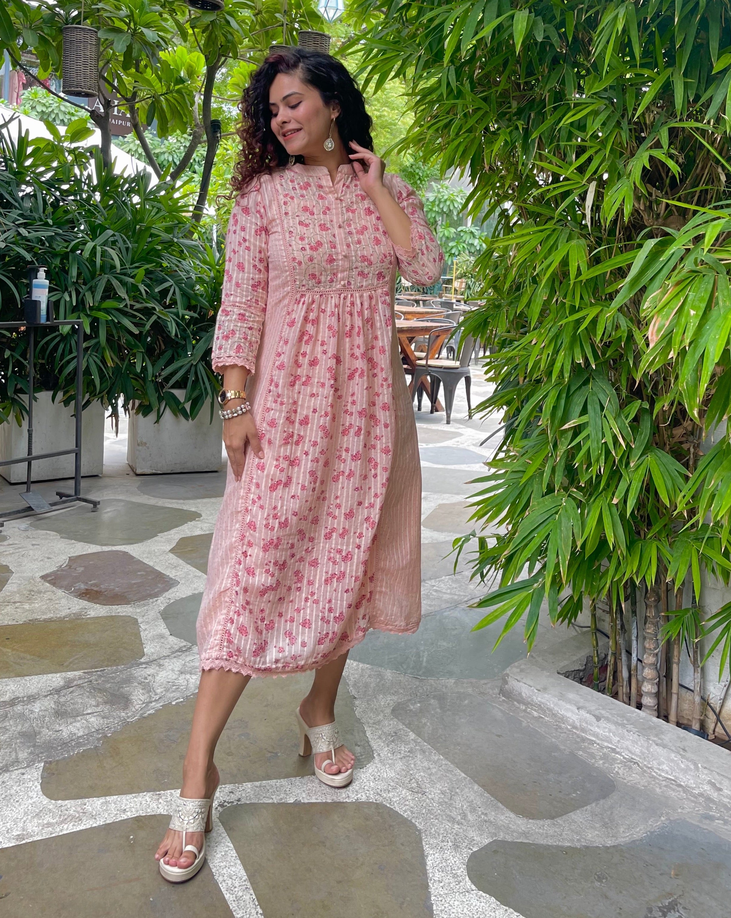 Stylish Pink Cotton Block Print Maxi Dress for Women - Boho Summer Beach Dress for Vacations & Outdoor Parties