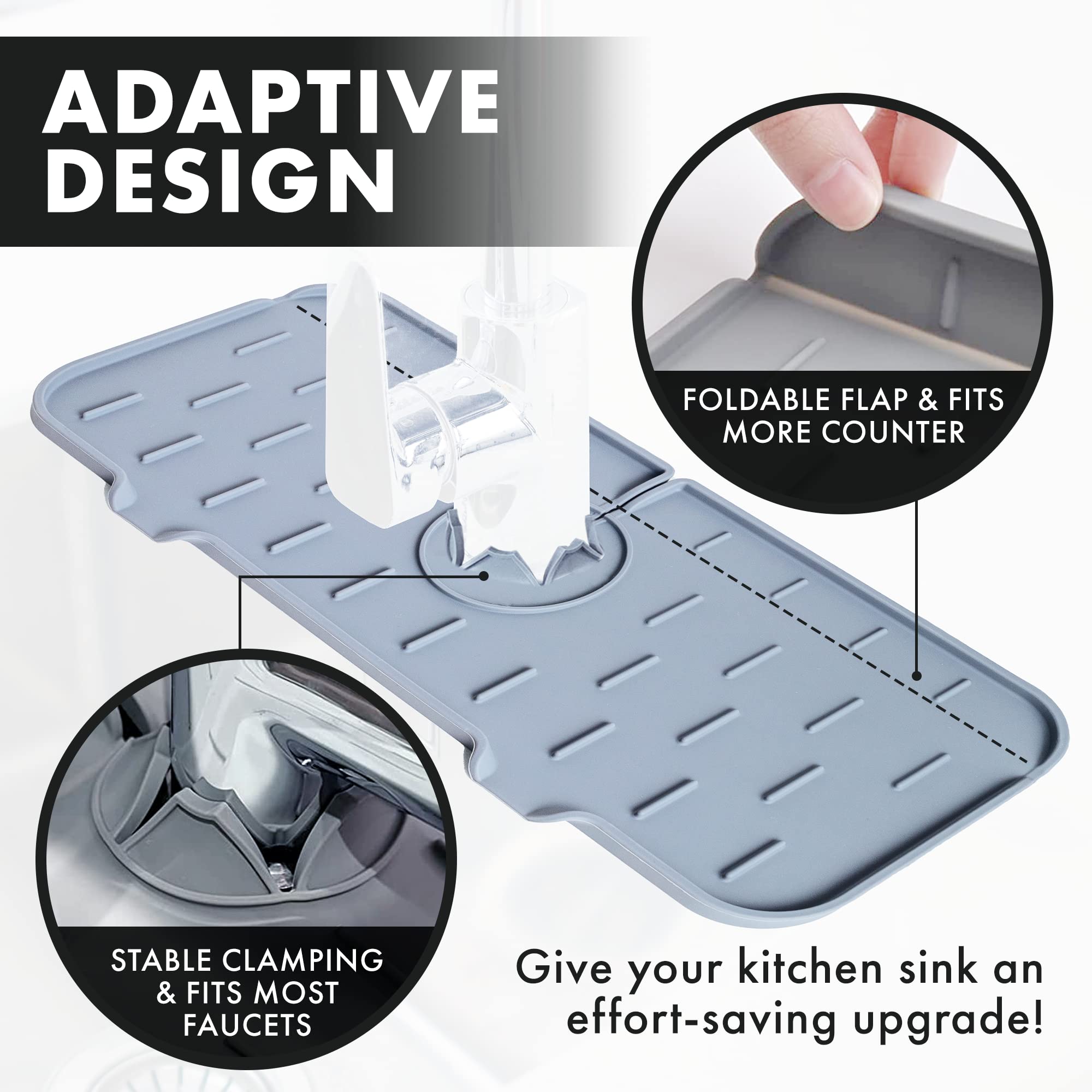 Self-Draining Silicone Faucet Mat for Kitchen Sink - Adjustable Depth Splash Guard & Drip Catcher to Prevent Hard Water Stains | Perfect for Protecting Countertops from Splashes & Mineral Deposits
