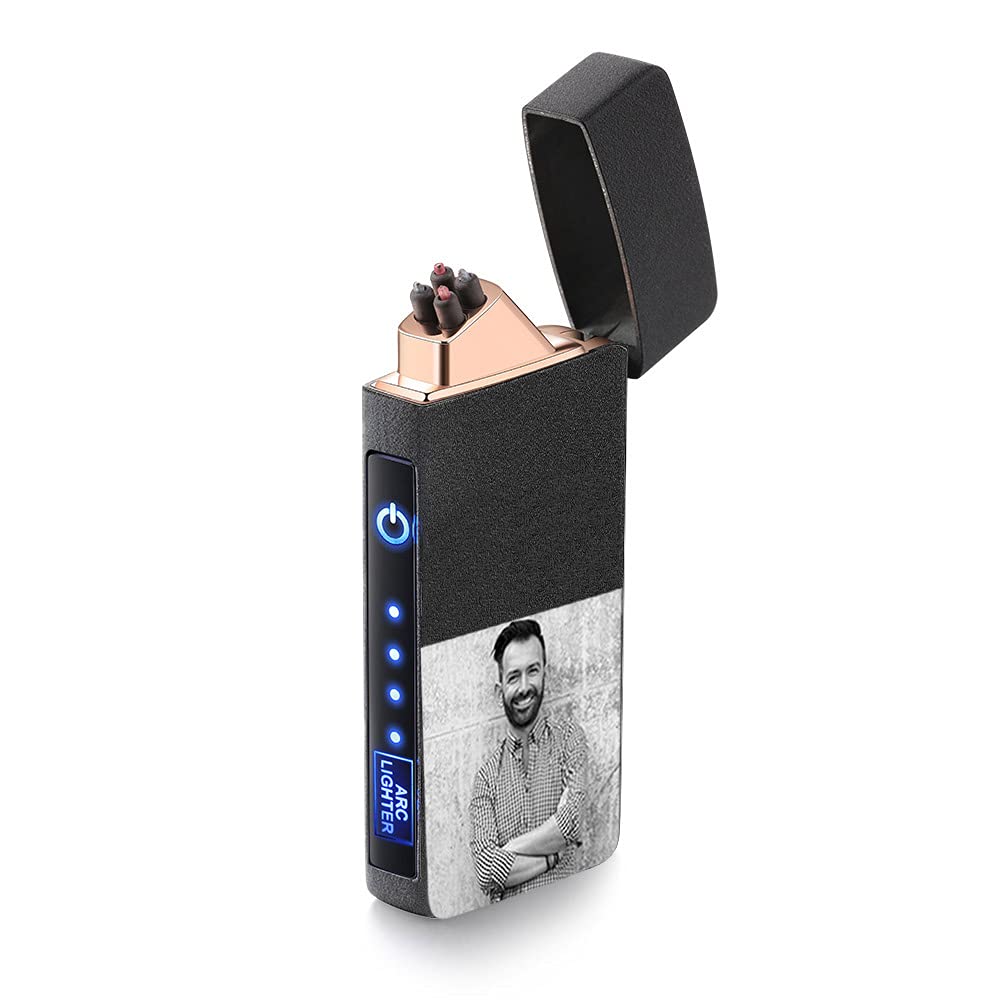 Custom Photo Lighters - USB Rechargeable with Fingerprint Sensor for Gifts (Men, Boyfriend, Husband) - Black 3-Pack