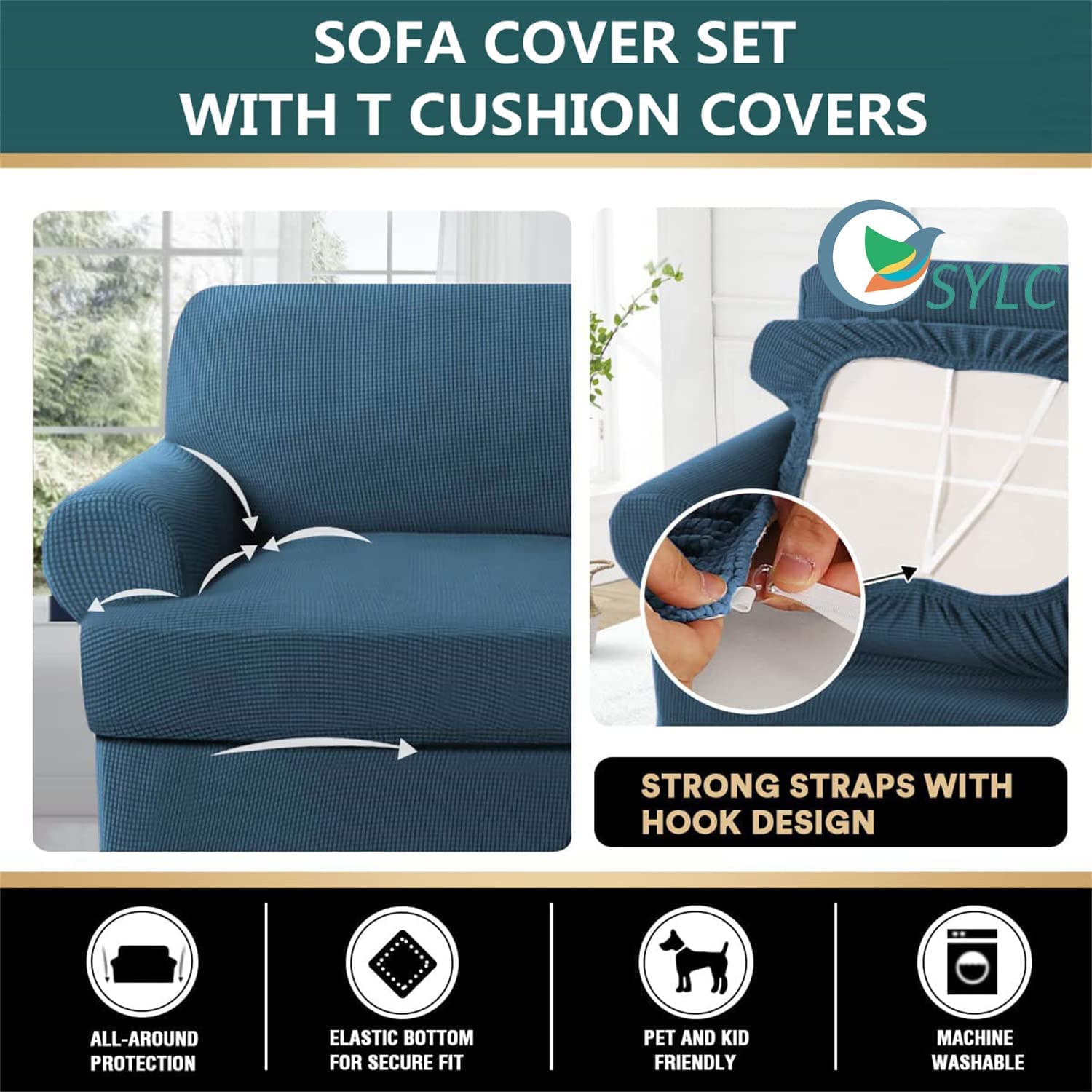 Stretch Sofa Cover Slipcover - Soft Jacquard Knitted Furniture Protector with Non-Slip Design & 3 T-Cushion Covers for Couch, Sofa Bed - Perfect for Living Room, Home Decor (Blue)
