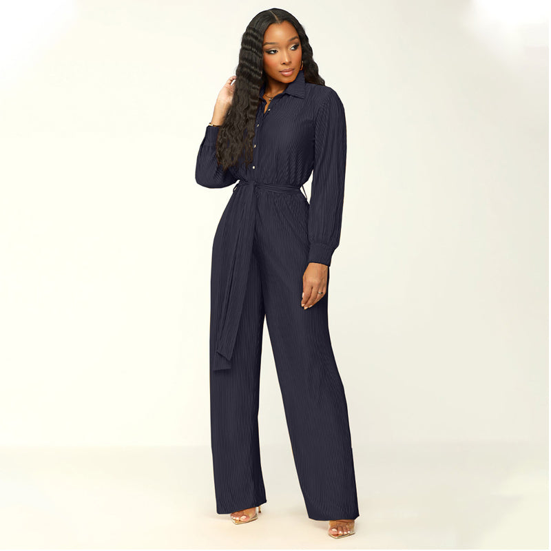 Women's Long Sleeve Wide Leg Romper with Adjustable Belt - Stylish Jumpsuit for Casual Outings, Date Nights & Fall Fashion