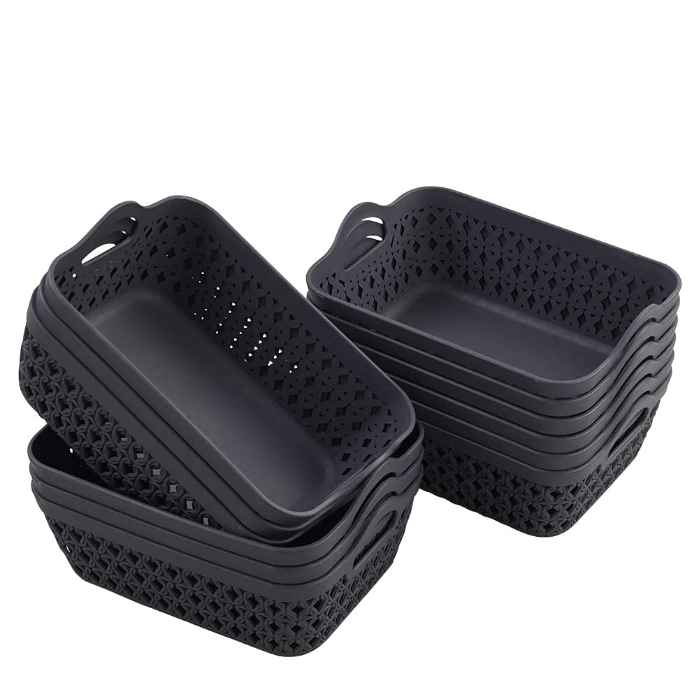 12-Pack Mini Grey Plastic Storage Baskets & Trays - Organize Home, Office, Bathroom & Kids' Toys - Stackable Multi-Purpose Storage Solution