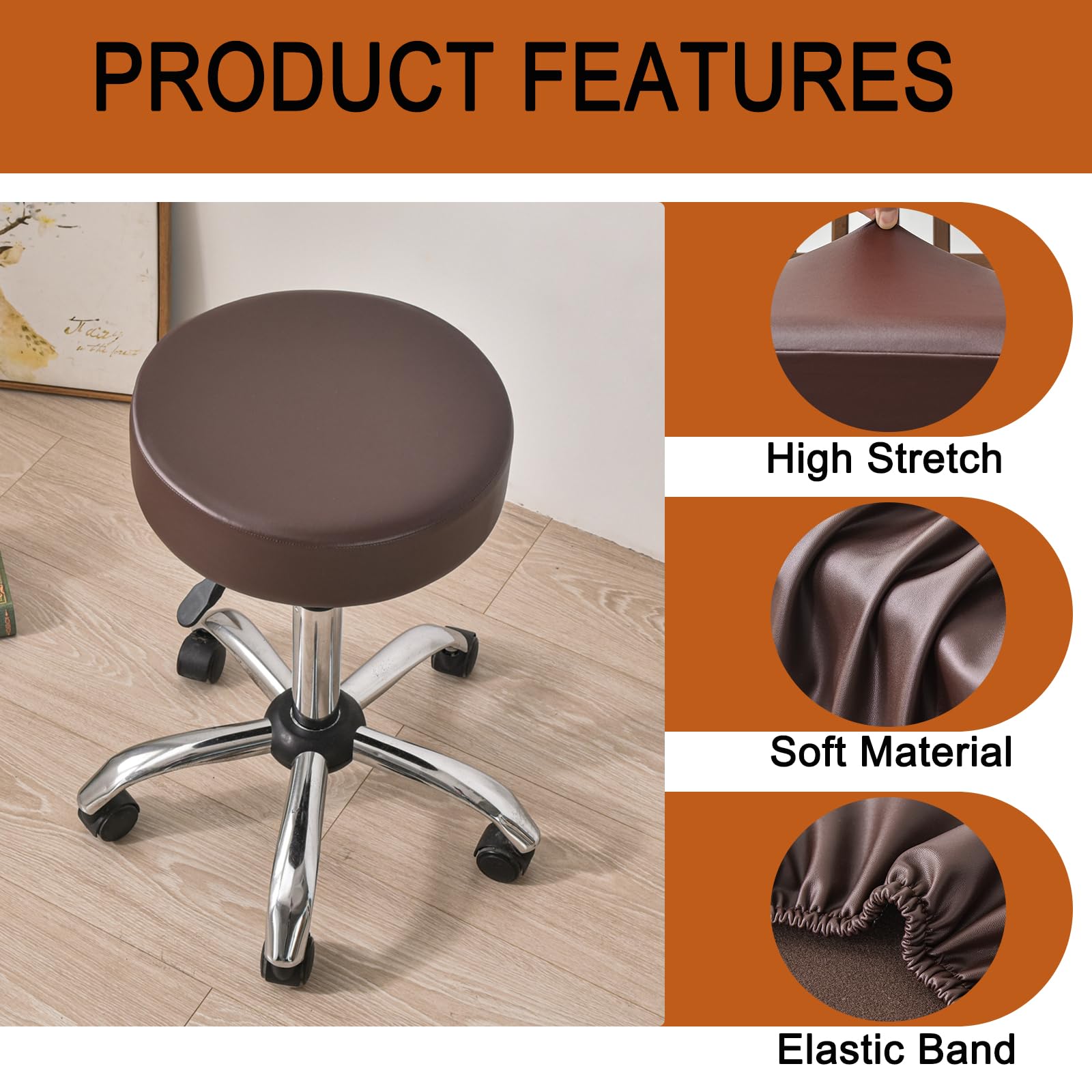 HAOYONG Waterproof PU Leather Bar Stool Covers Set of 4 - Stretchable Round Seat Cushion Covers with Non-Slip Bottom for Kitchen, Dining Room & Bar Counter - Perfect for Home Decor, Restaurant Use and Coffee Shop Seating