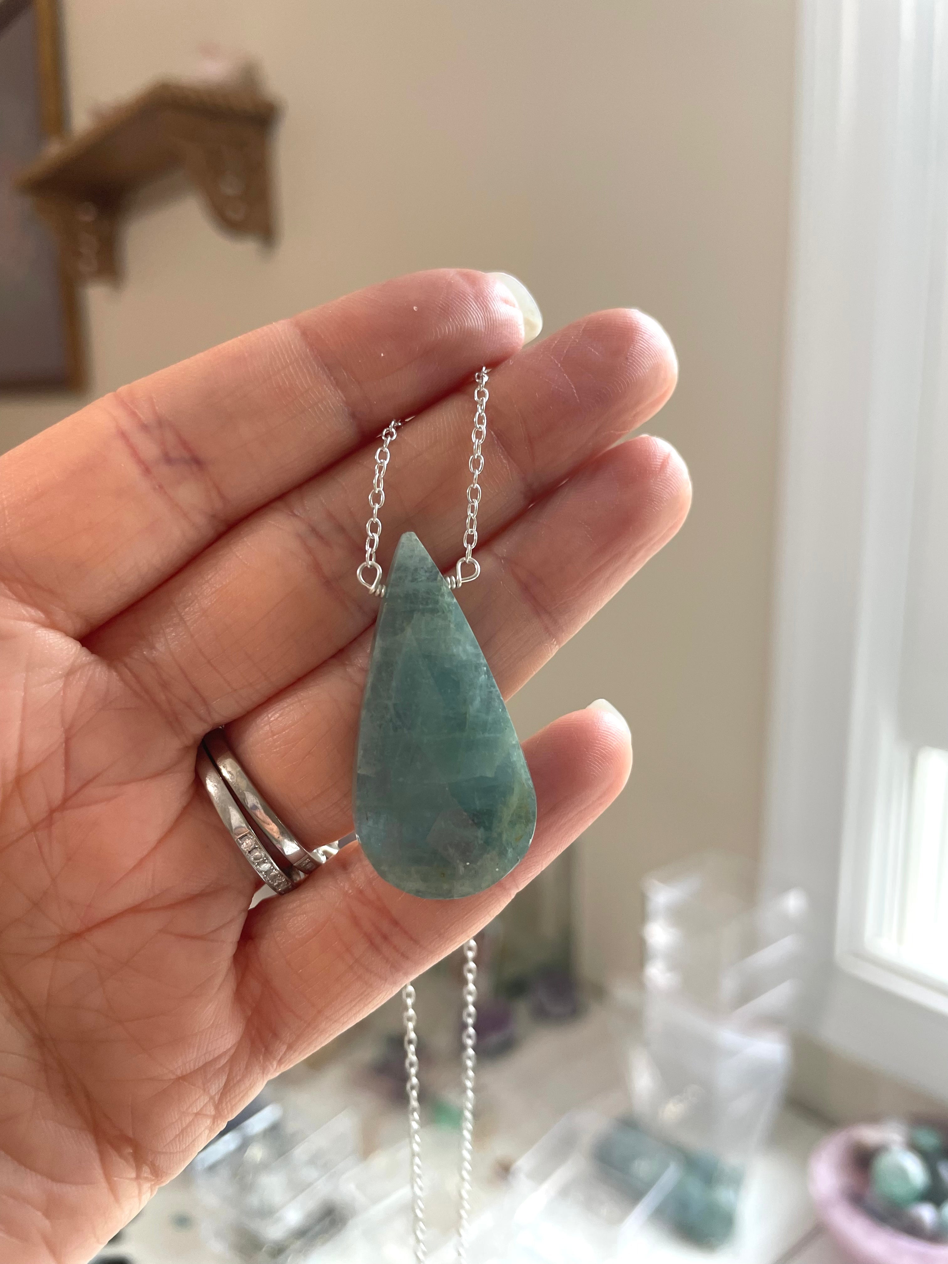 Faceted Dark Aquamarine Necklace - Sterling Silver Pendant Jewelry for Women, Elegant Gift for Birthday, Anniversary & Special Occasions