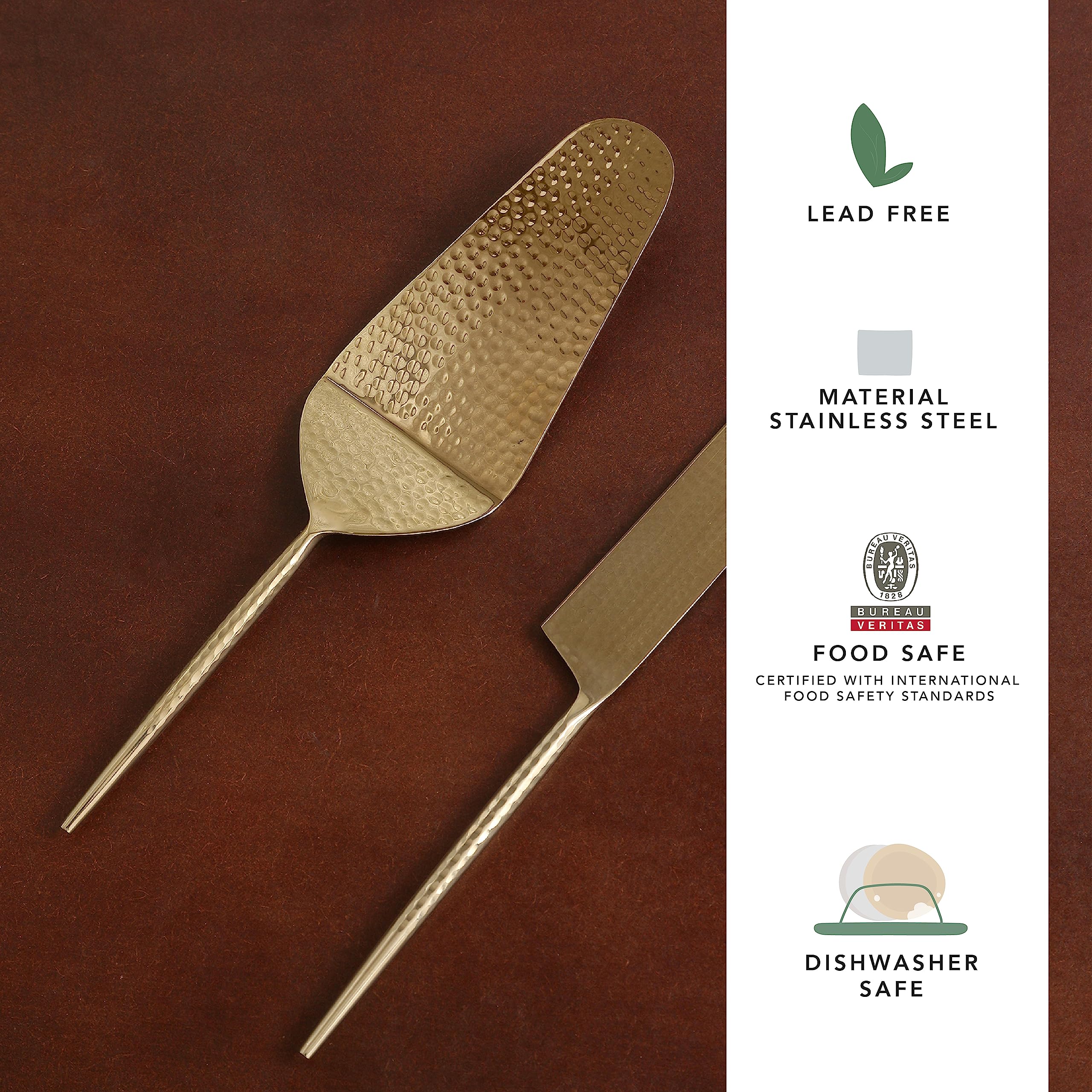 Ellementry Norah Gold Hammered Cake Server Set of 2 - Elegant Cake Cutting Knife & Pastry Server for Wedding, Birthday, Anniversary, Baby Shower - Perfect for Desserts, Pies & Party Celebrations