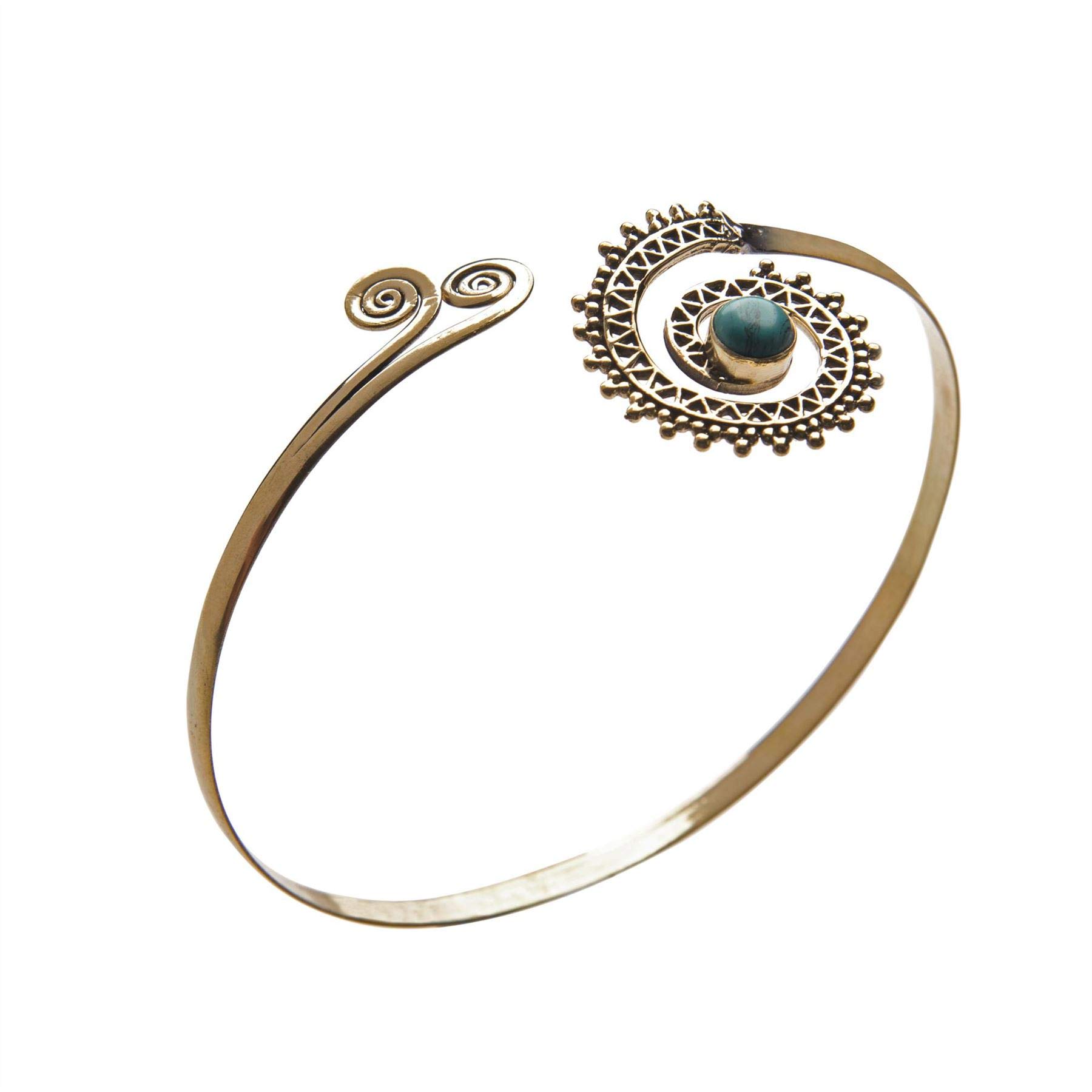 Women's Brass Simulated Turquoise Tribal Arm Cuff Bangle Bracelet - Boho Chic Jewelry for Festival, Wedding & Everyday Wear