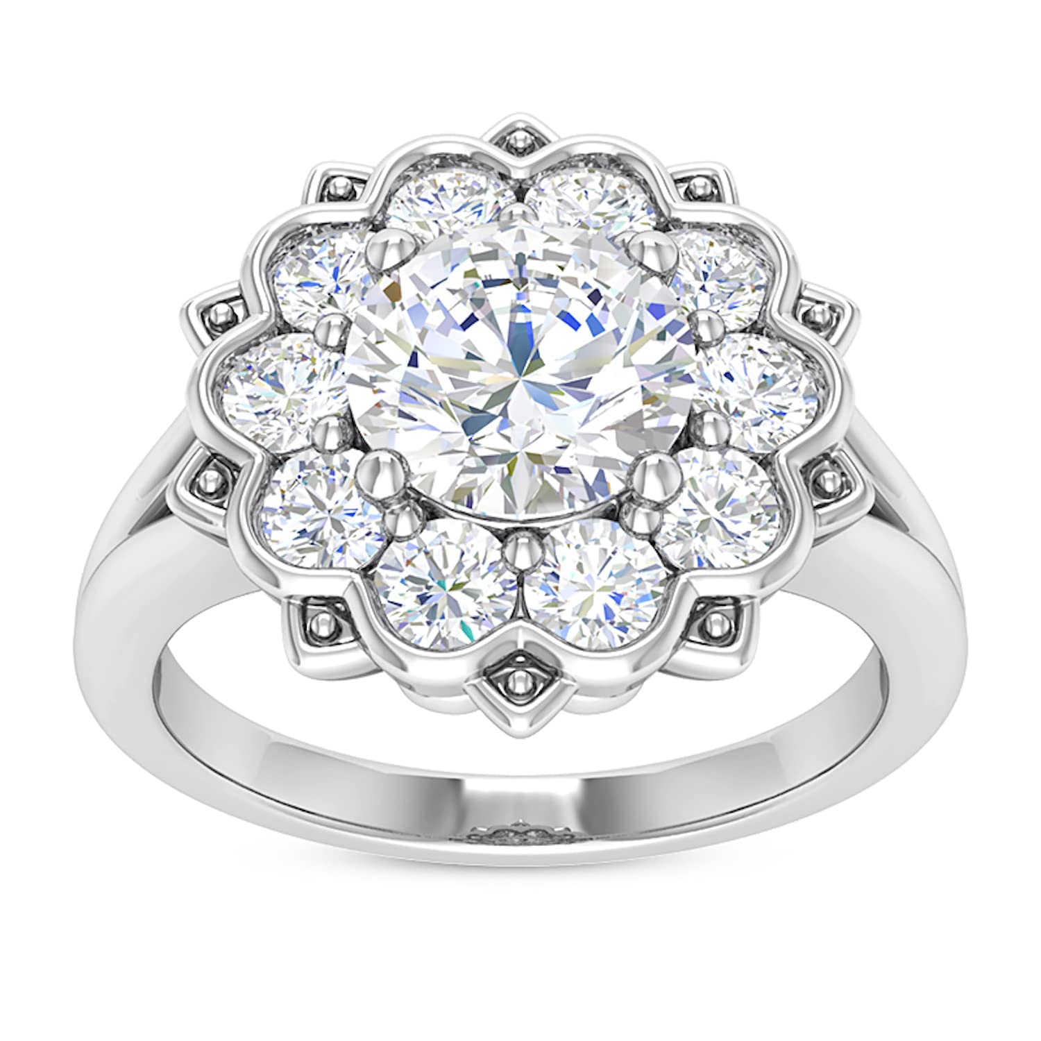 2.15CTW Natural Diamond & Moissanite Floral Halo 18K White Gold Engagement Ring for Women - Elegant Wedding, Anniversary, Promise or Proposal Jewelry Gift