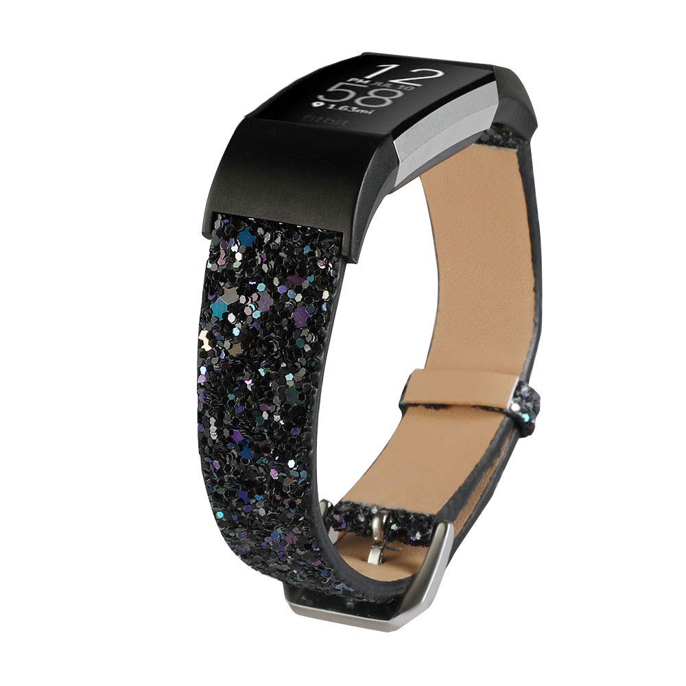 Sparkle & Shine: Elegant Glitter Leather Replacement Band for Fitbit Charge 2 - Women's Fashionable Wrist Strap (Black) | Perfect for Workouts, Office Wear & Evening Outfits