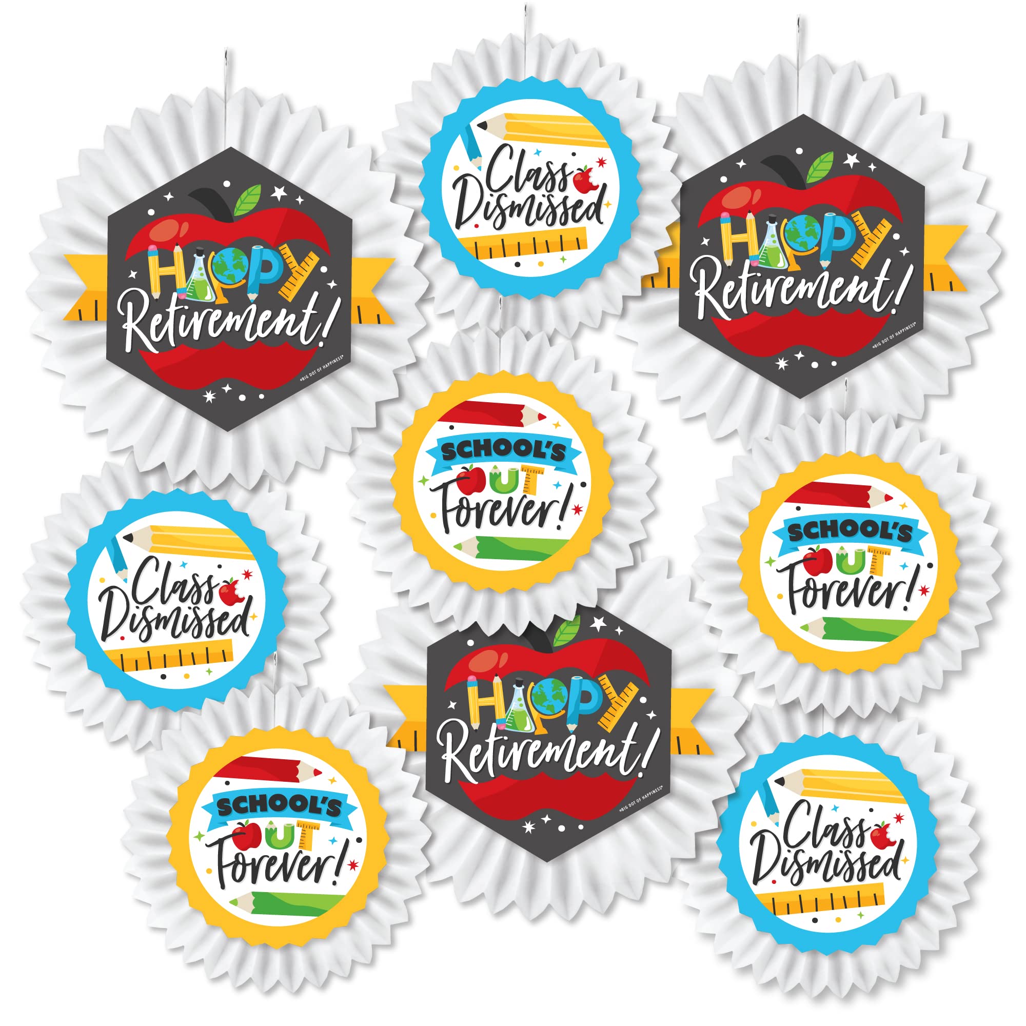 Happy Retirement Party Decorations - Set of 9 Hanging Tissue Paper Fans & Decor Kit for Teacher Retirement Celebrations - Perfect for Classroom, Office & Home Retirement Parties