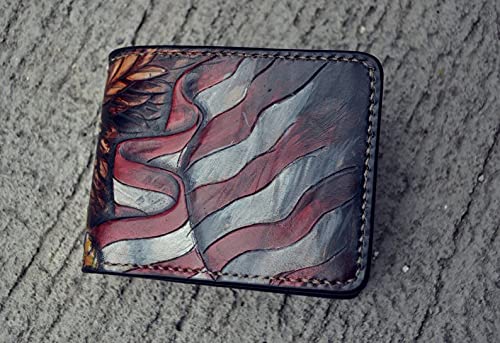 American Flag & Eagle 3D Genuine Leather Bifold Wallet for Men - Handmade Motorcycle Club Design with Engine & Airbrush Art - Custom Personalized Carved & Tooled Leather Wallet - Perfect for Bikers, Travel & Everyday Use