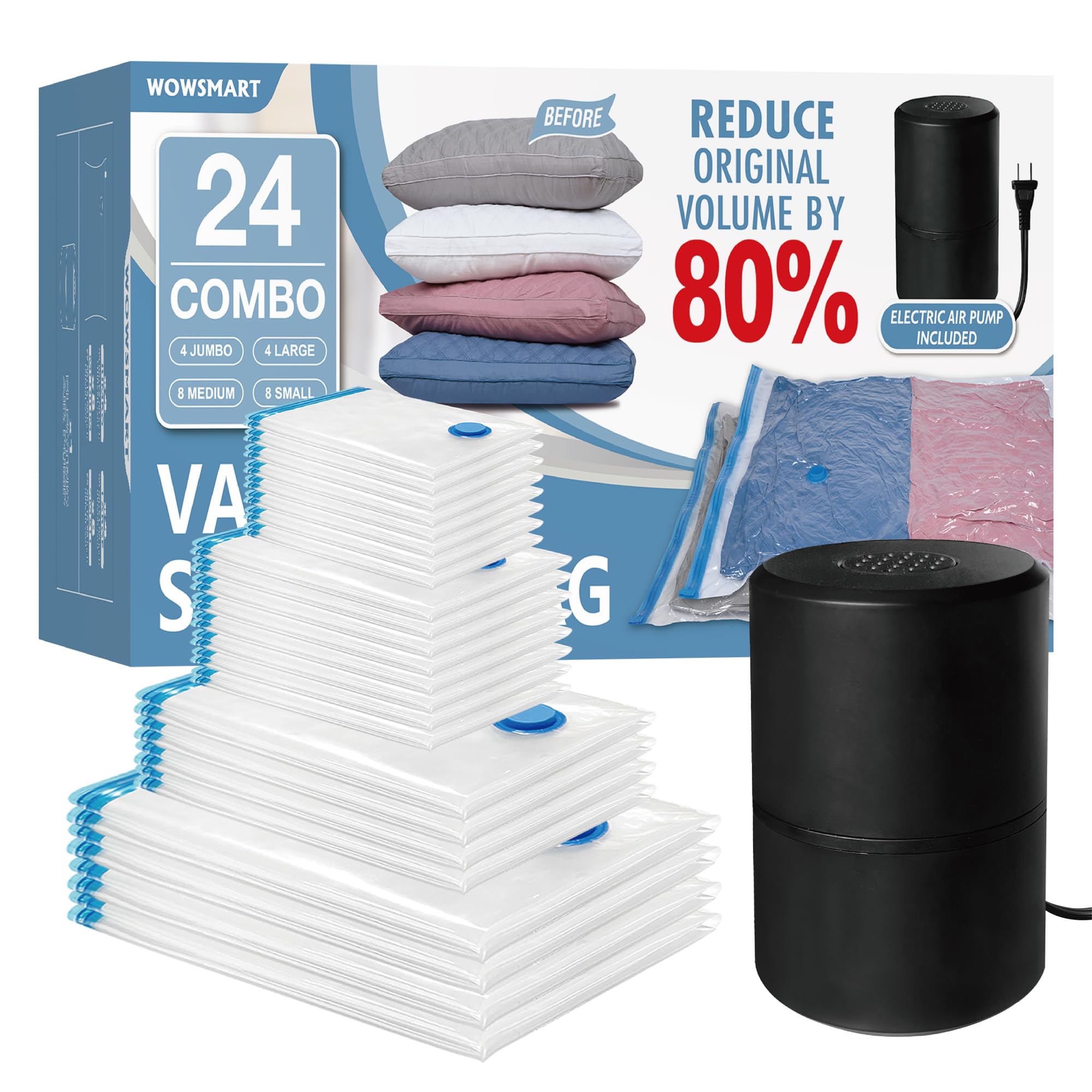 24 Pack Vacuum Storage Bags with Electric Pump - Jumbo/Large/Medium/Small Space Saver Bags for Clothes, Comforters, Pillows, Blankets | Perfect for Seasonal Storage, Travel & Home Organization